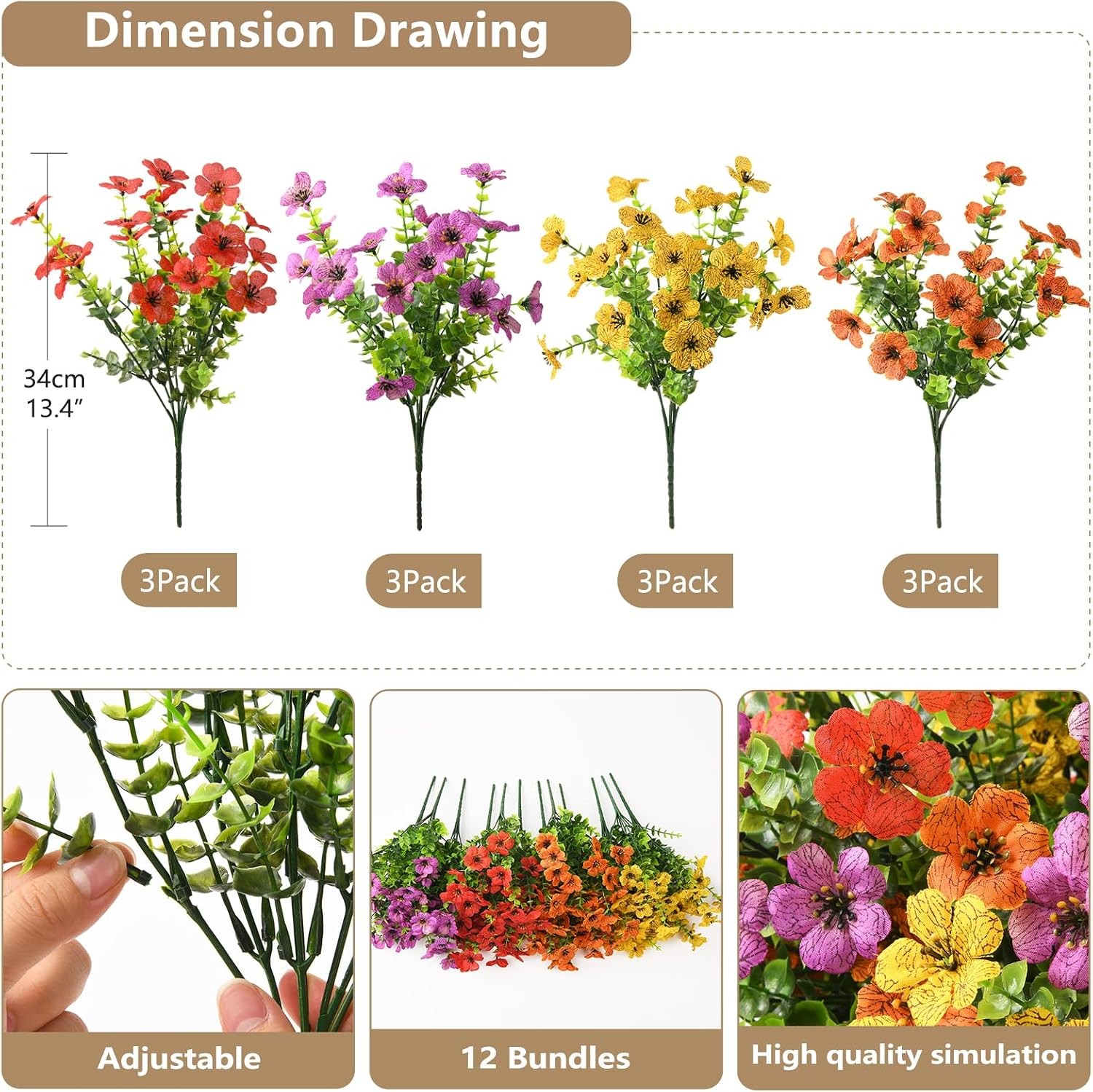 Artificial Flowers Faux Plants Outdoor Fake Flowers Spring Decor,12 Bundles
