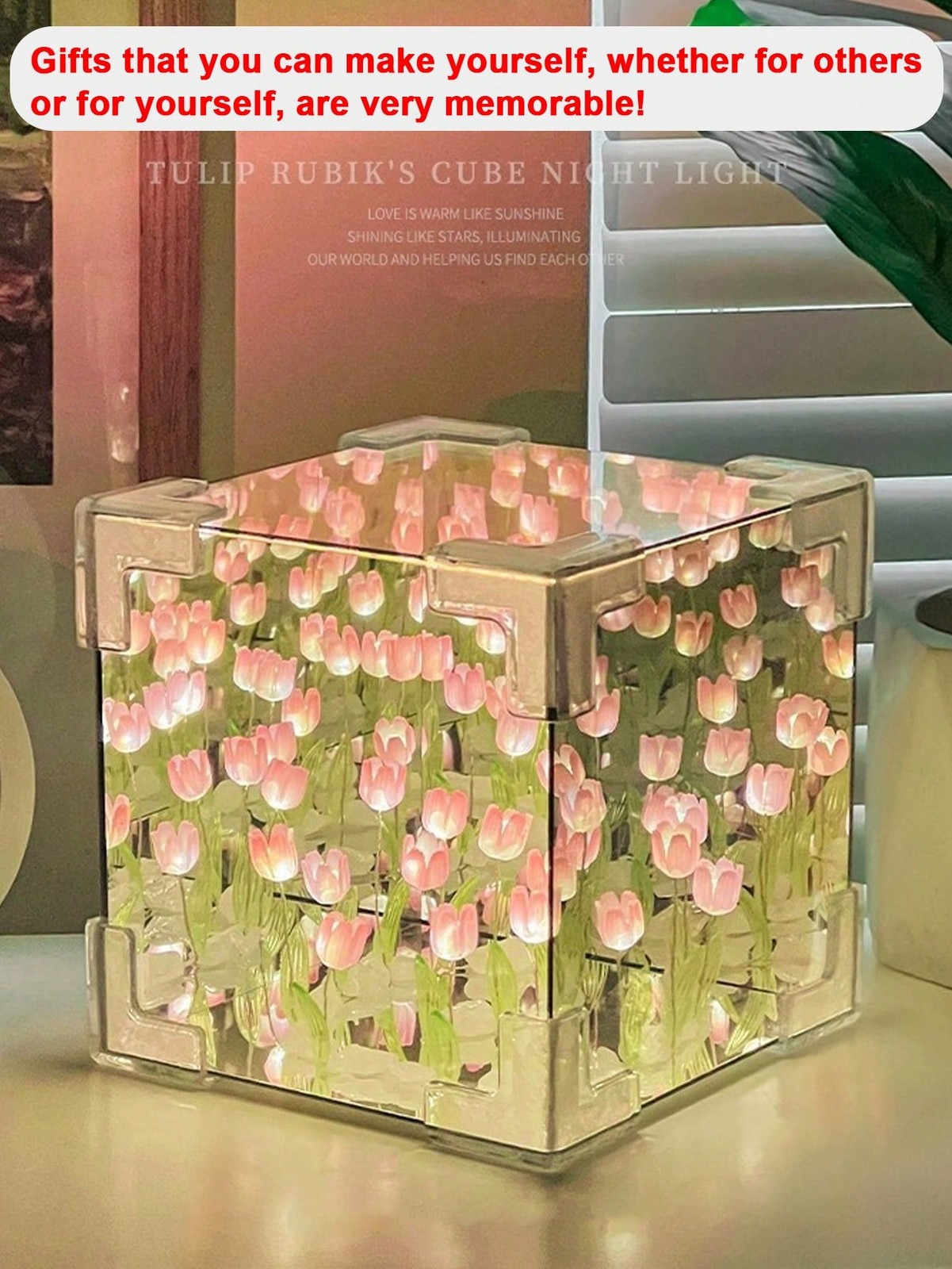 Pink 10x10x10cm Tulip Cube Night Light USB Powered DIY Gift For Her