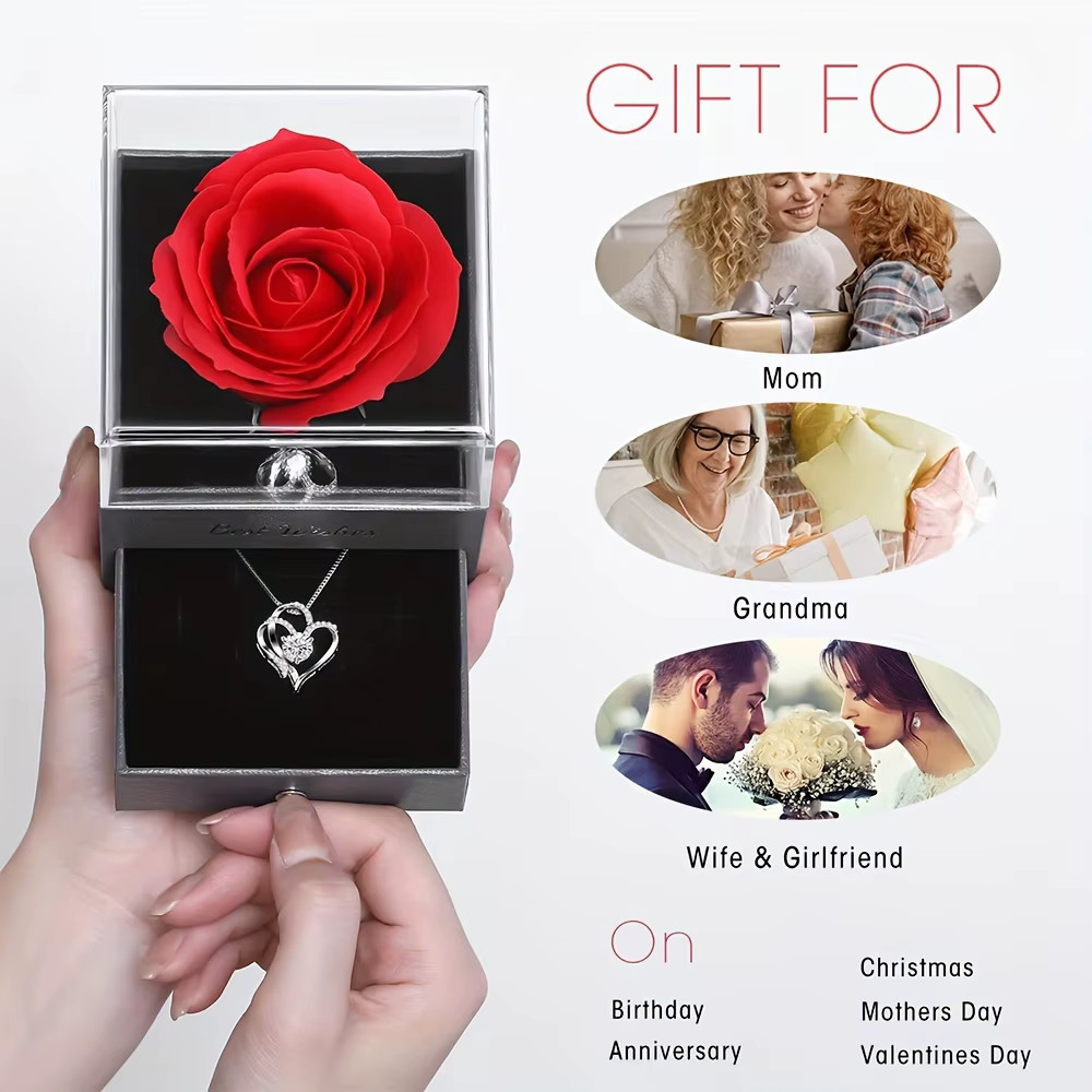 Rose Flower Gift Box with Heart Necklace | Romantic Jewelry Gift for Women