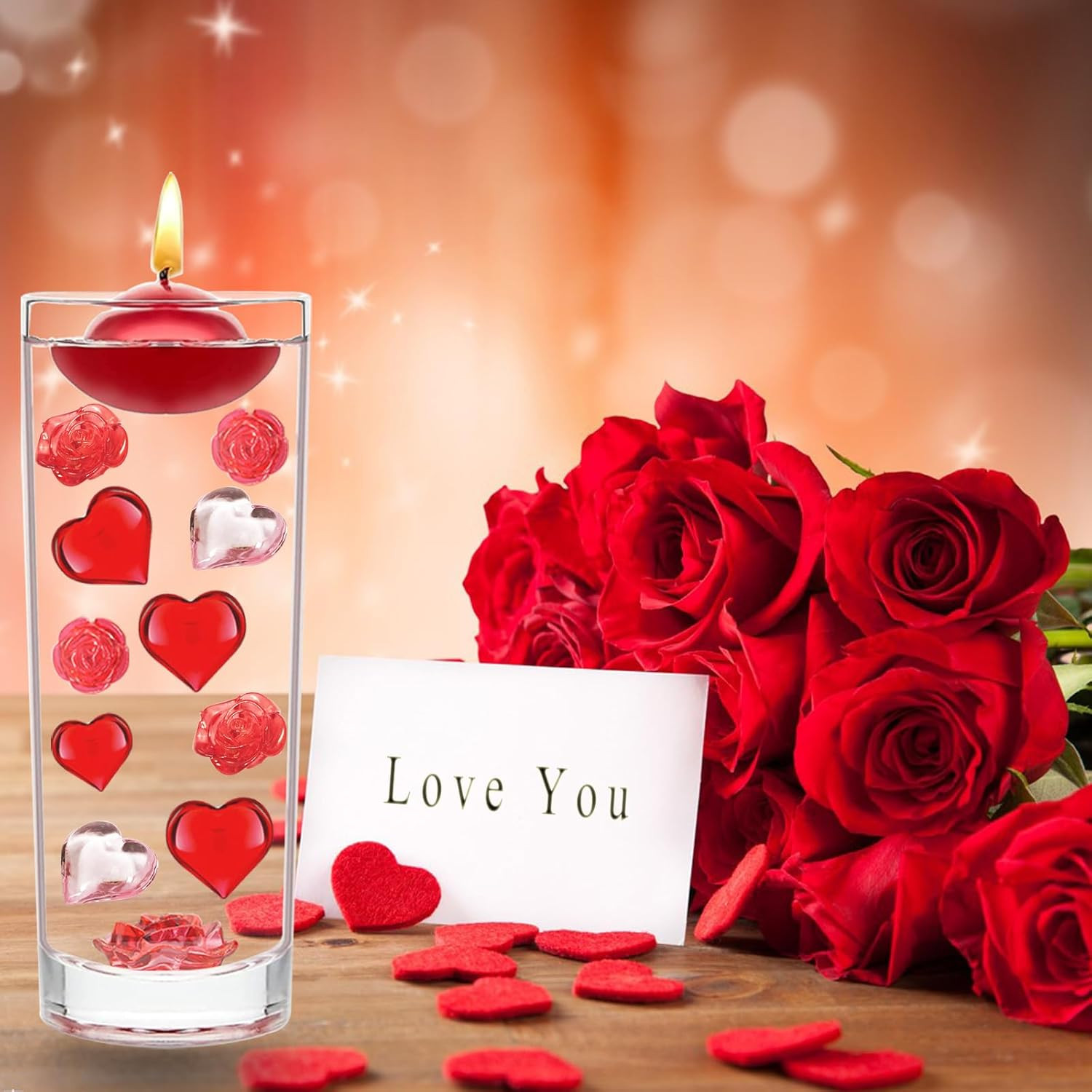 200Pcs Acrylic Heart Ornaments Rose Flower Vase Filler Decorations, Love Hearts