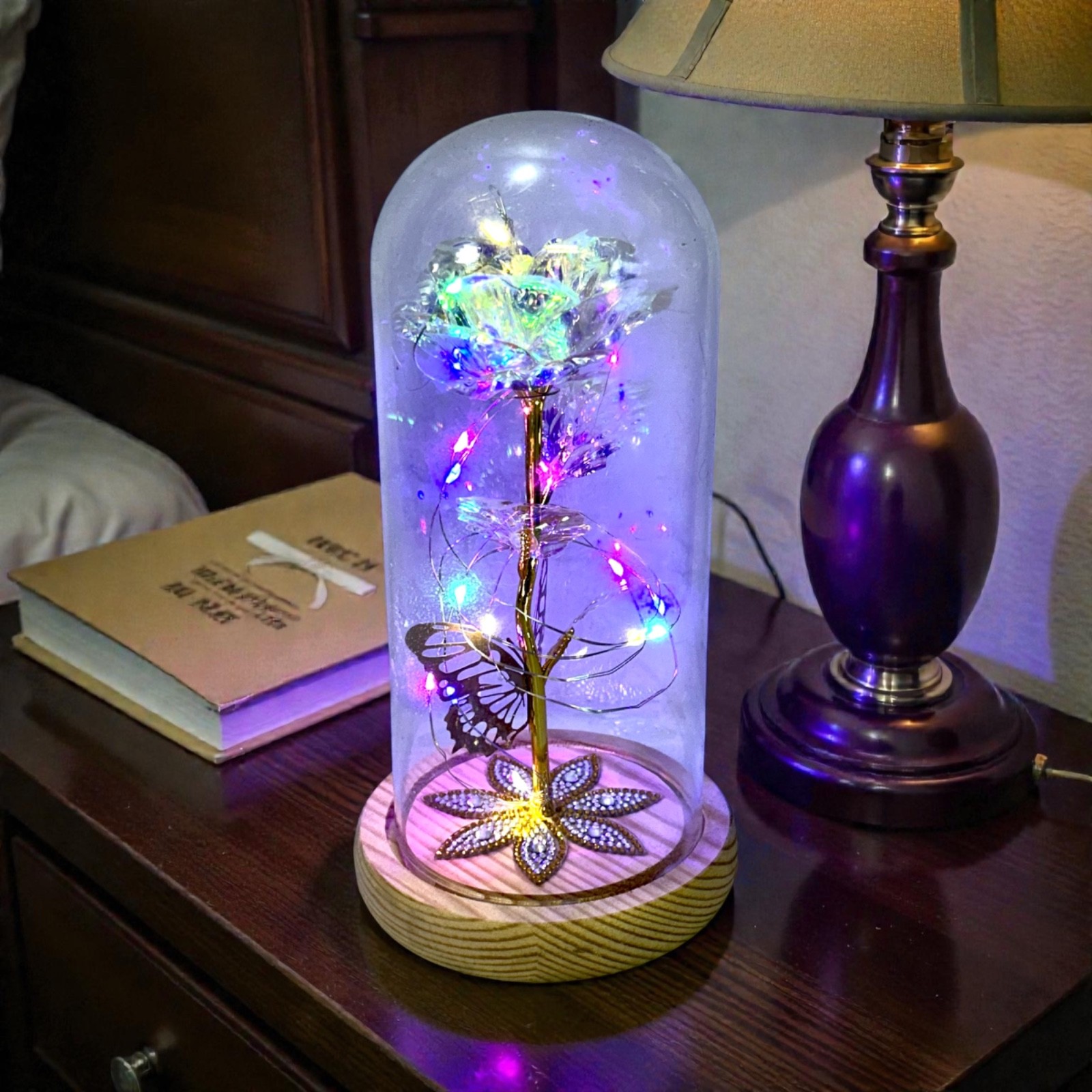 Galaxy Rose Butterfly in Glass Dome LED Light Up Eternal Flower Mother’s Day Gif