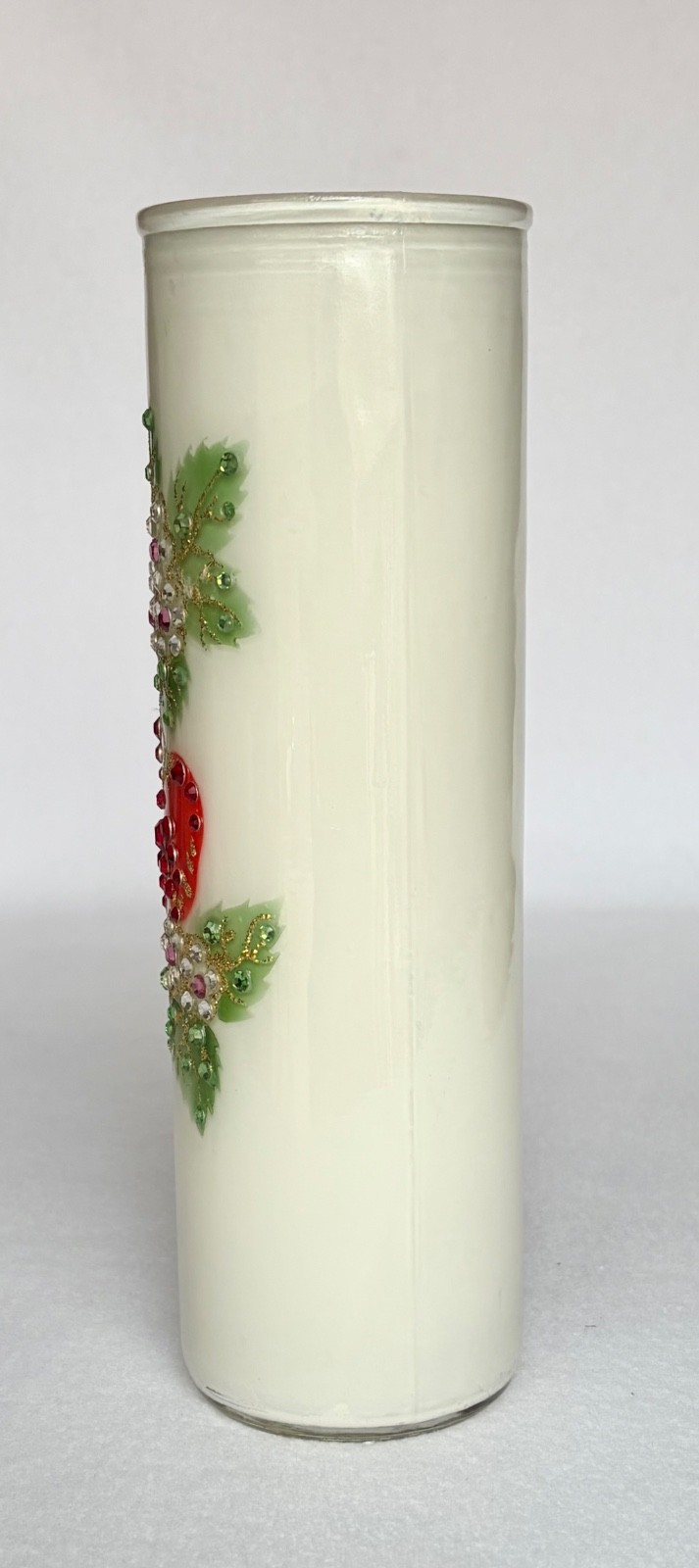 Vintage Candle Holder Glass Red Strawberry Leaf Applied Jewel Rhinestones 9”