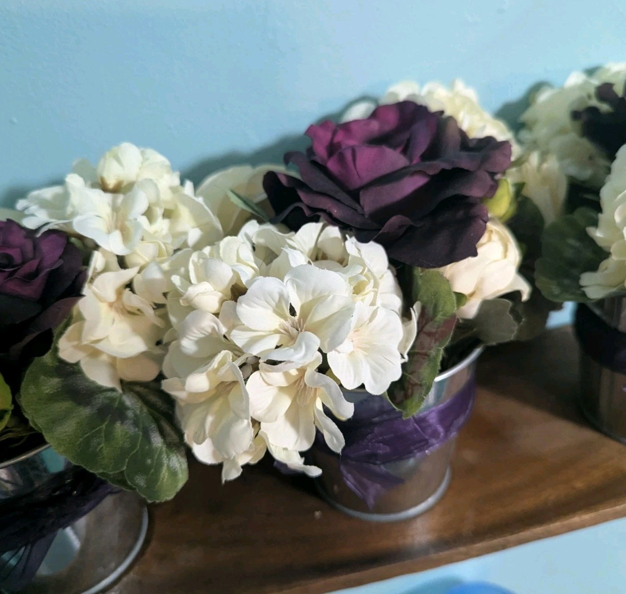 3X Purple & White Silk Flower Arrangements Wedding Centerpieces Silver Pot 7′