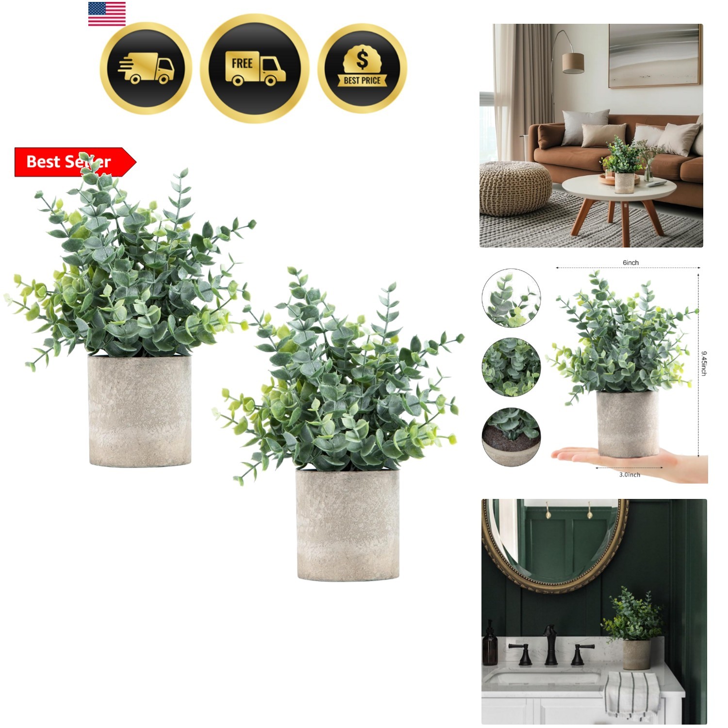 2 Pack Small Fake Plants Eucalyptus Potted Artificial Plants for Shelf Desk H…