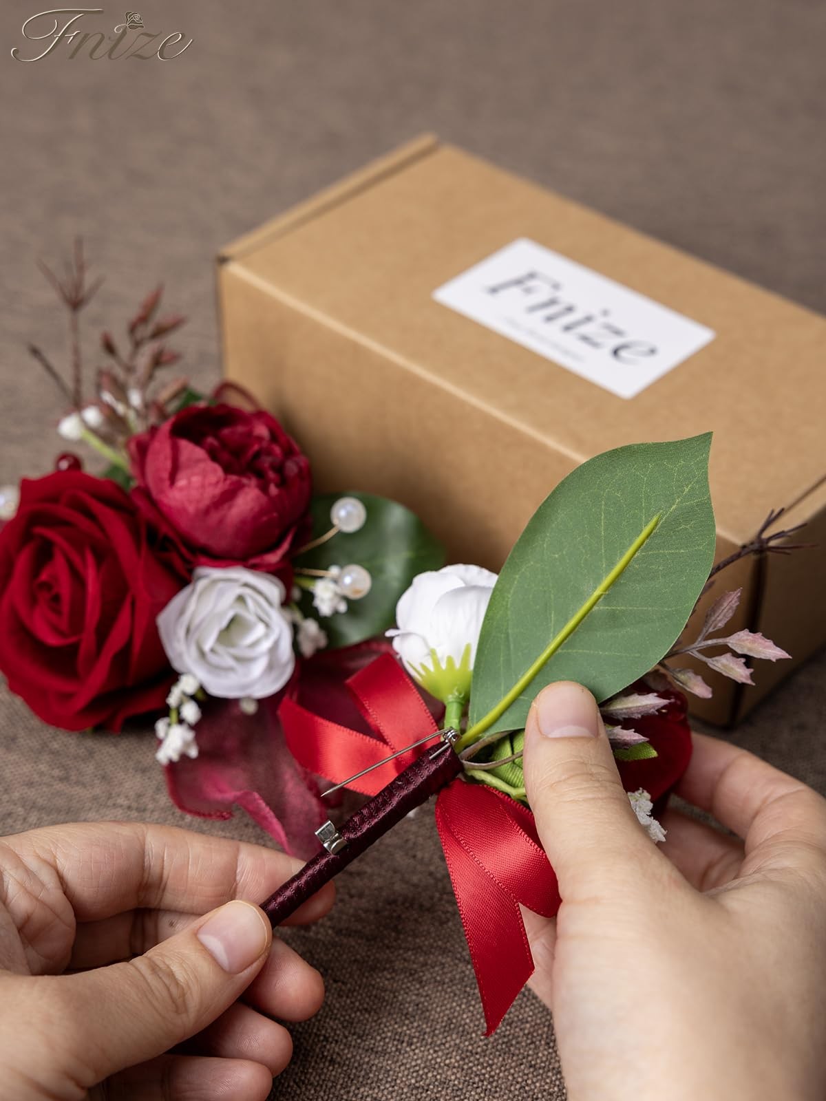 Red Silk Wrist Corsage Boutonniere Set Faux Rose Peony Wedding Prom Party