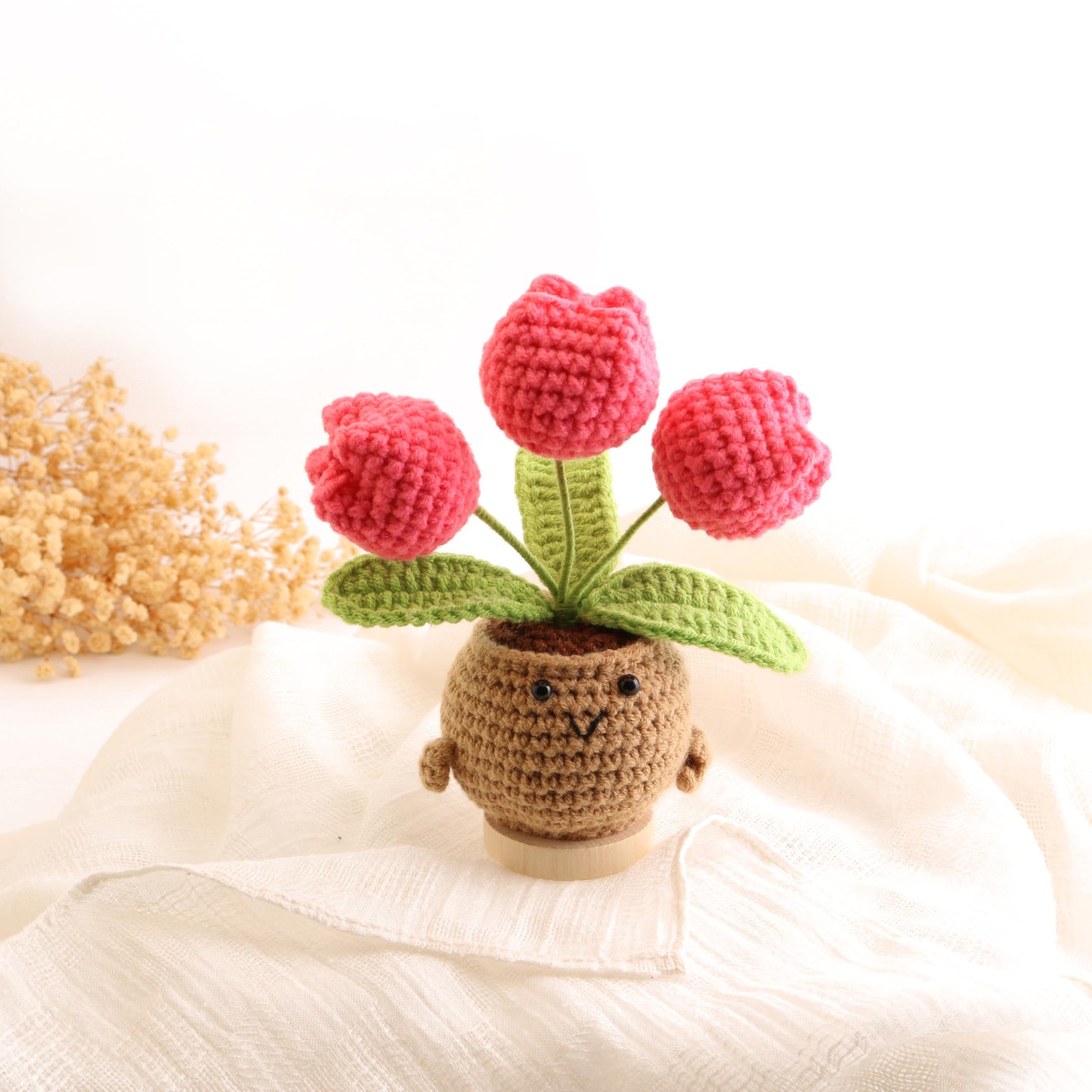Crochet Mini Tulip Wool Potted Doll HandMade Desk Souvenir Rose Red 1 PC