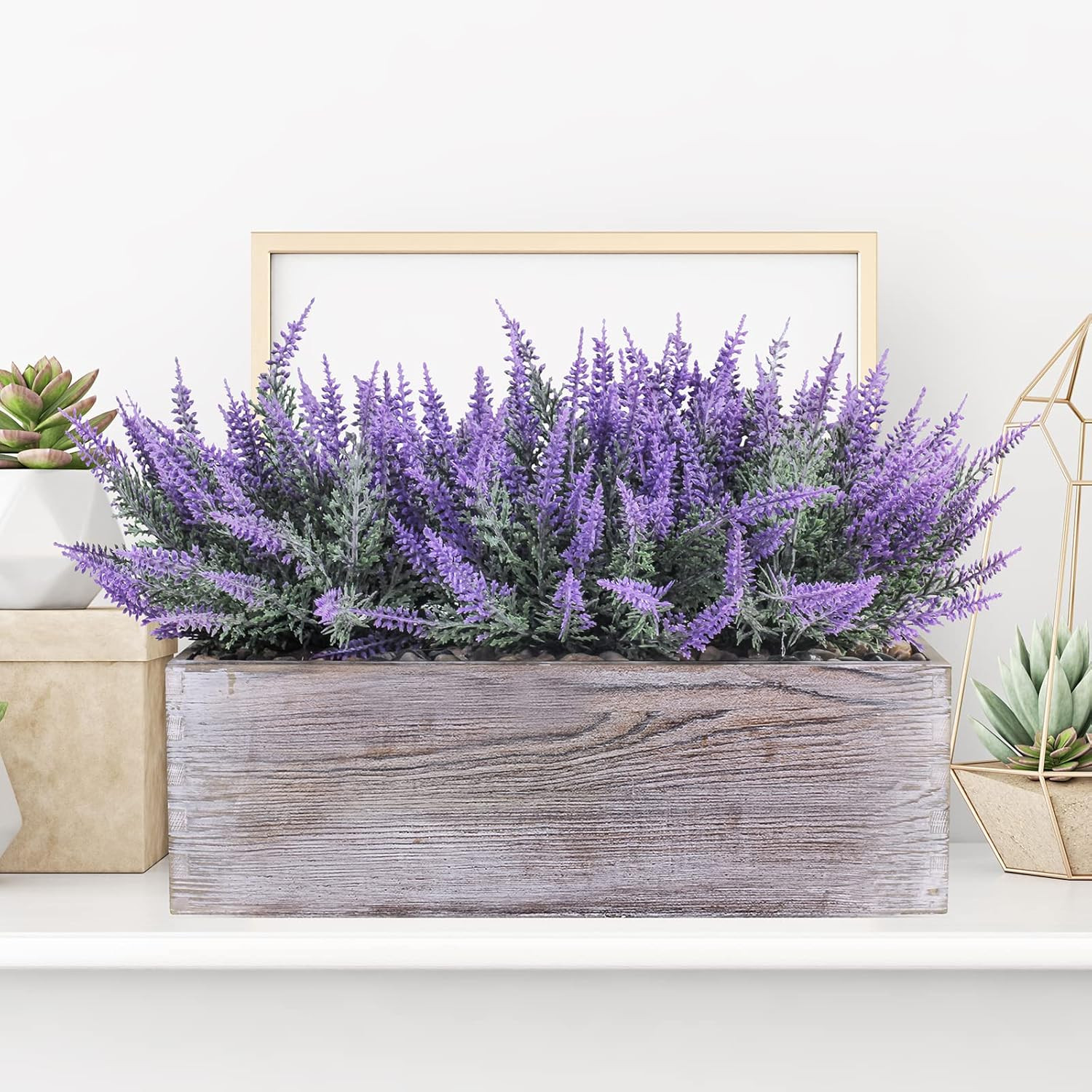 Fake Lavender Flower Arrangement in Rustic Rectangular Wood Planter Box Artifici