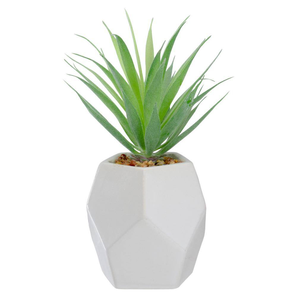 7.5 In. Green Artificial Sword Grass in a White Geometric Pot