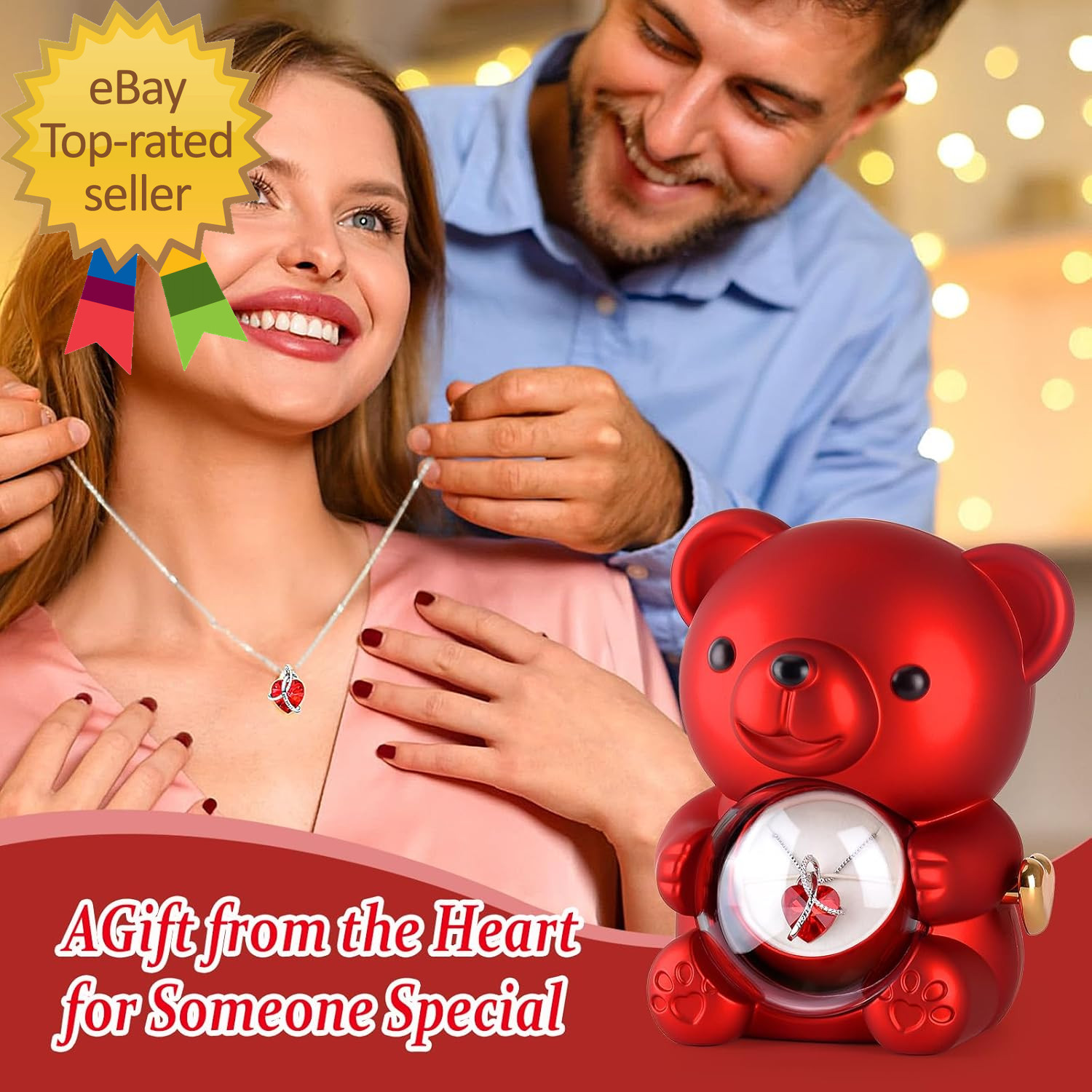 Cute Teddy Bear Preserved Rose Eternal Flowers Rotating Rose Box with Necklace