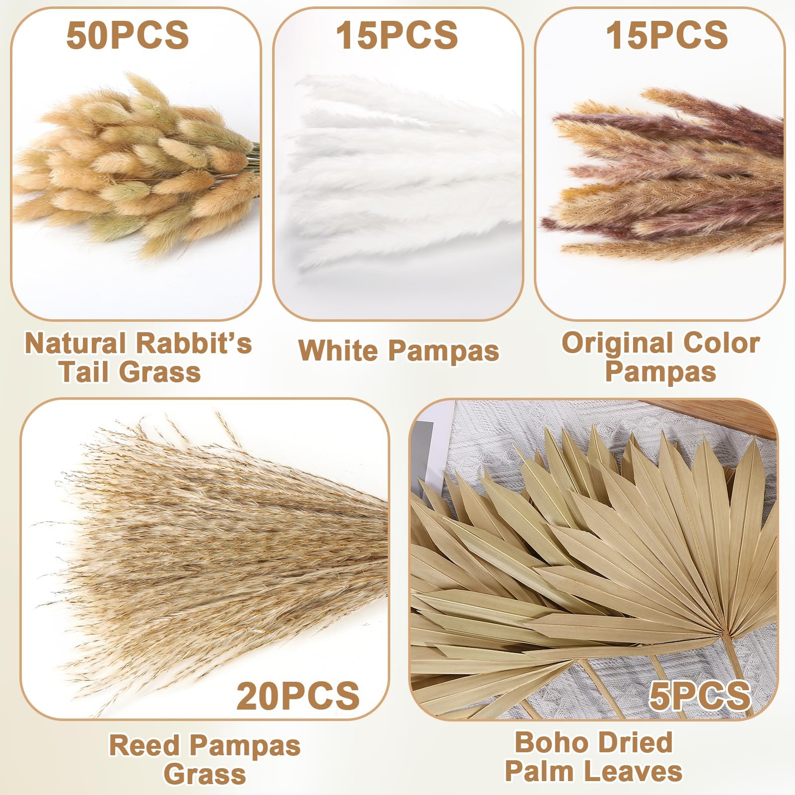 105 Pcs Boho Dried Pampas Grass & Palm Leaves, Natural Pampas Grass Decor Spe…