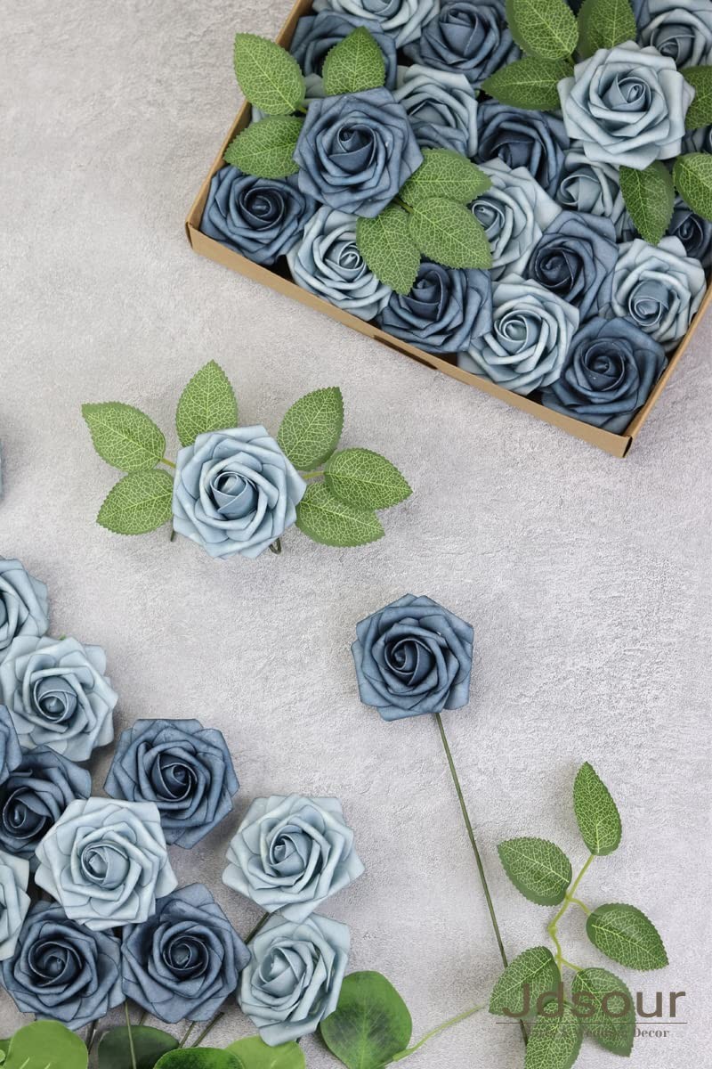 50pcs Artificial Flower，Real Touch Foam Roses w/Stem DIY for Wedding Bouquet …
