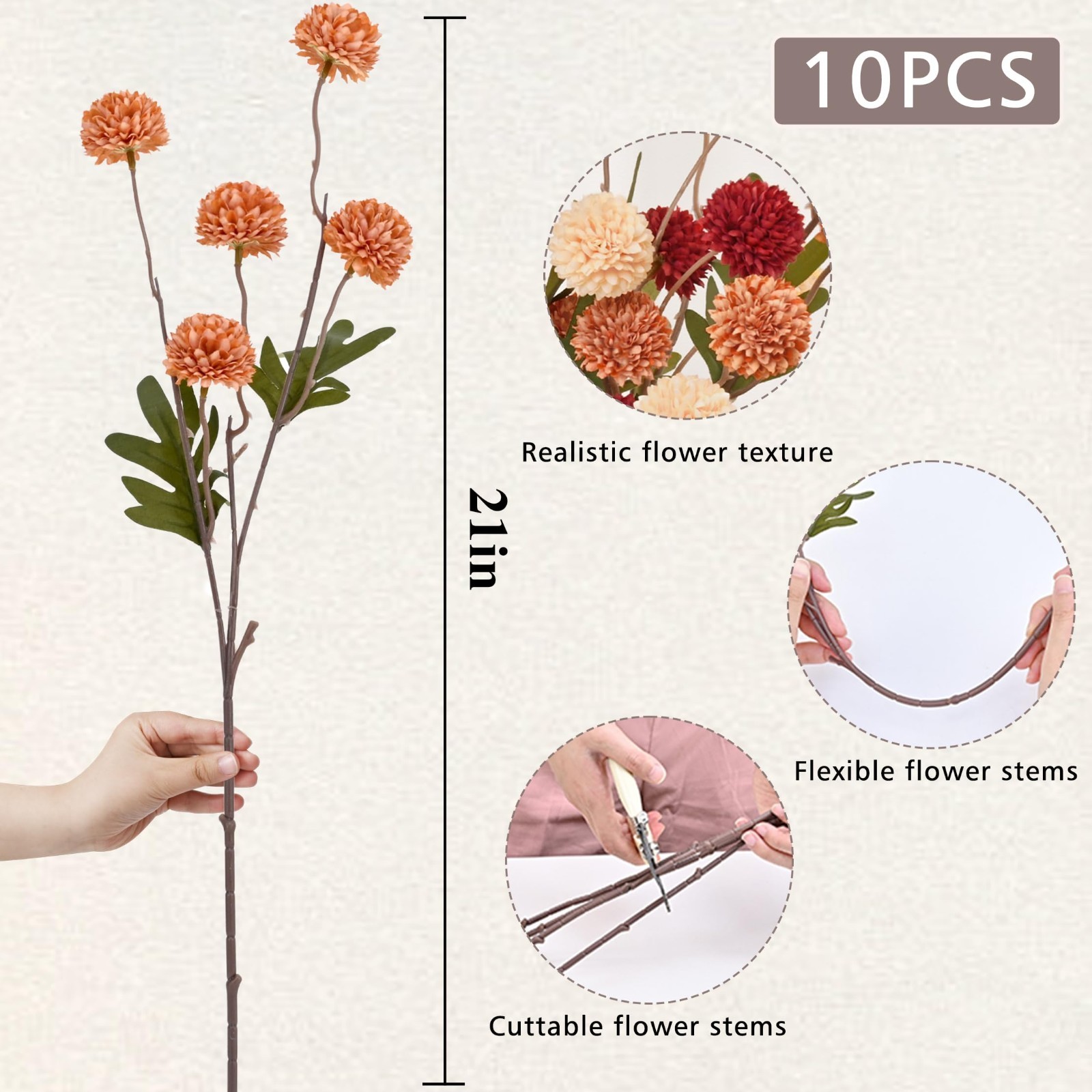 10pcs Faux Silk Pompon Flowers, Mini Chrysanthemums, Fall Decor Centerpieces