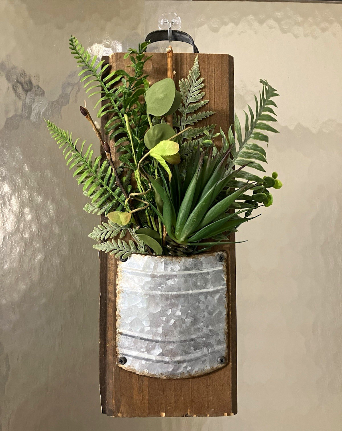 Artificial Succulent Fern Wall Planter Rustic Wood & Galvanized Metal 16×5.5”