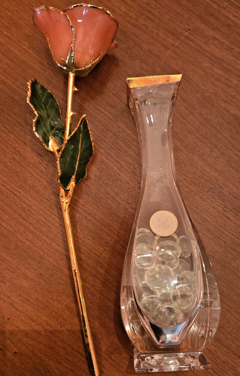 24K Gold Dipped Lacquered Pink Rose with Italian Lead Crystal Bud Vase EXCELLENT