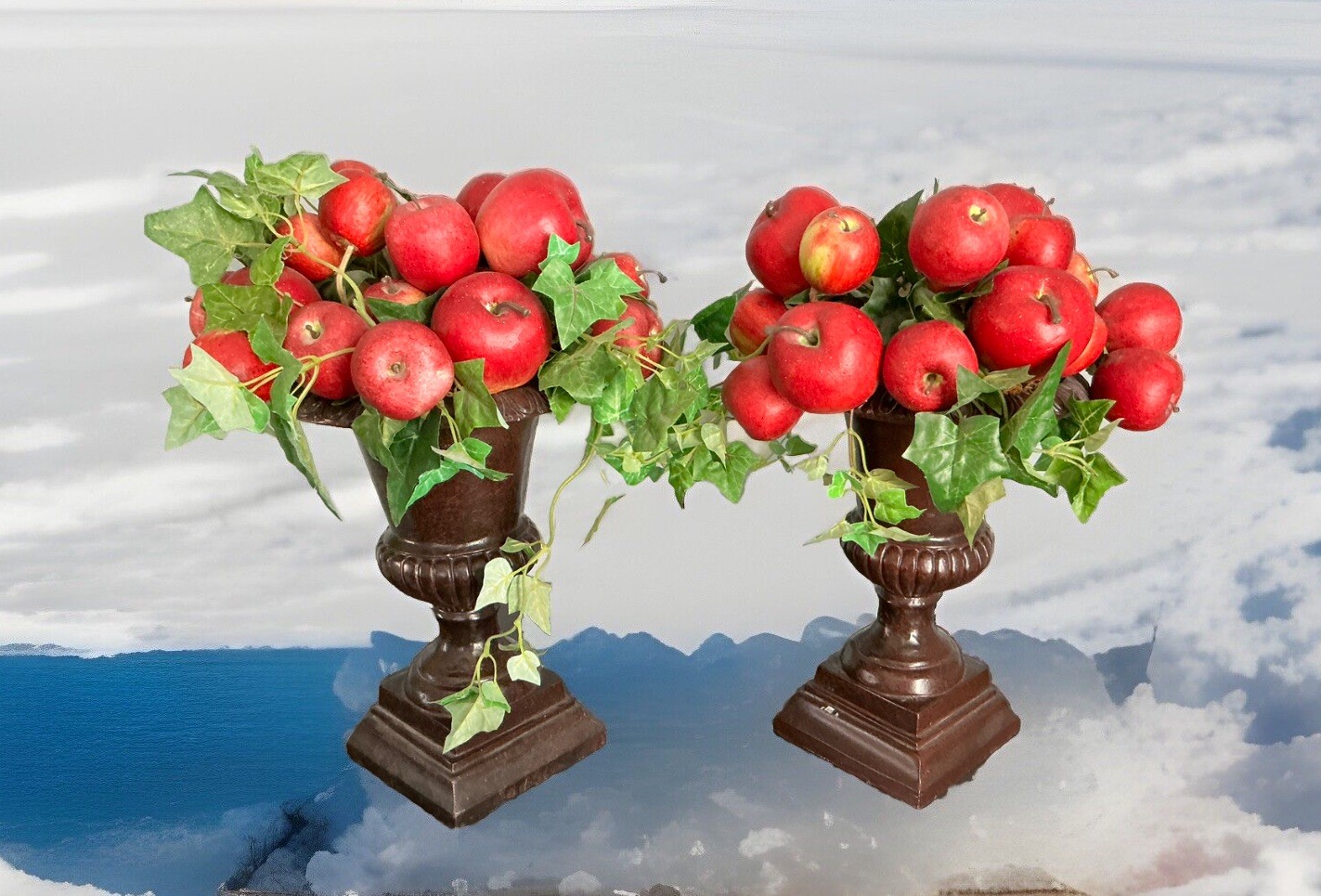 2 Vtg Artificial Red Apple Leaf Topiary Clay Planter Potted Heavy 16’’ Signed!