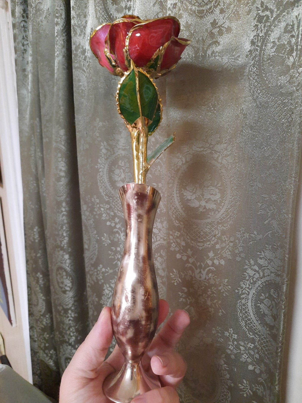 Lot Set 2 Gilded Metallic Roses Dipped In Ikora Mid-Century Vase Retro Decor