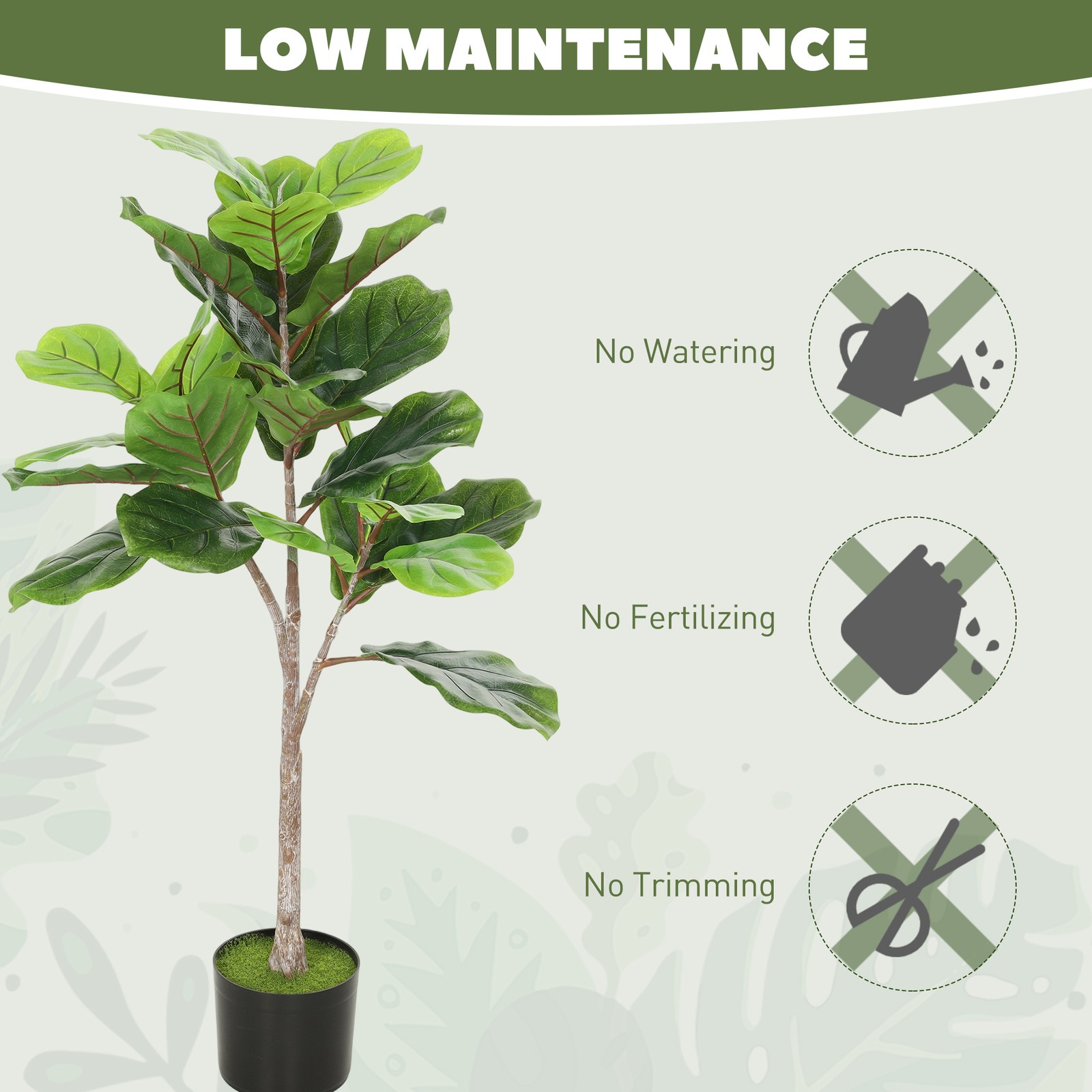HOMCOM Artificial Fiddle Leaf Fig Tree, Fake Plant with Flocked Soil, Green