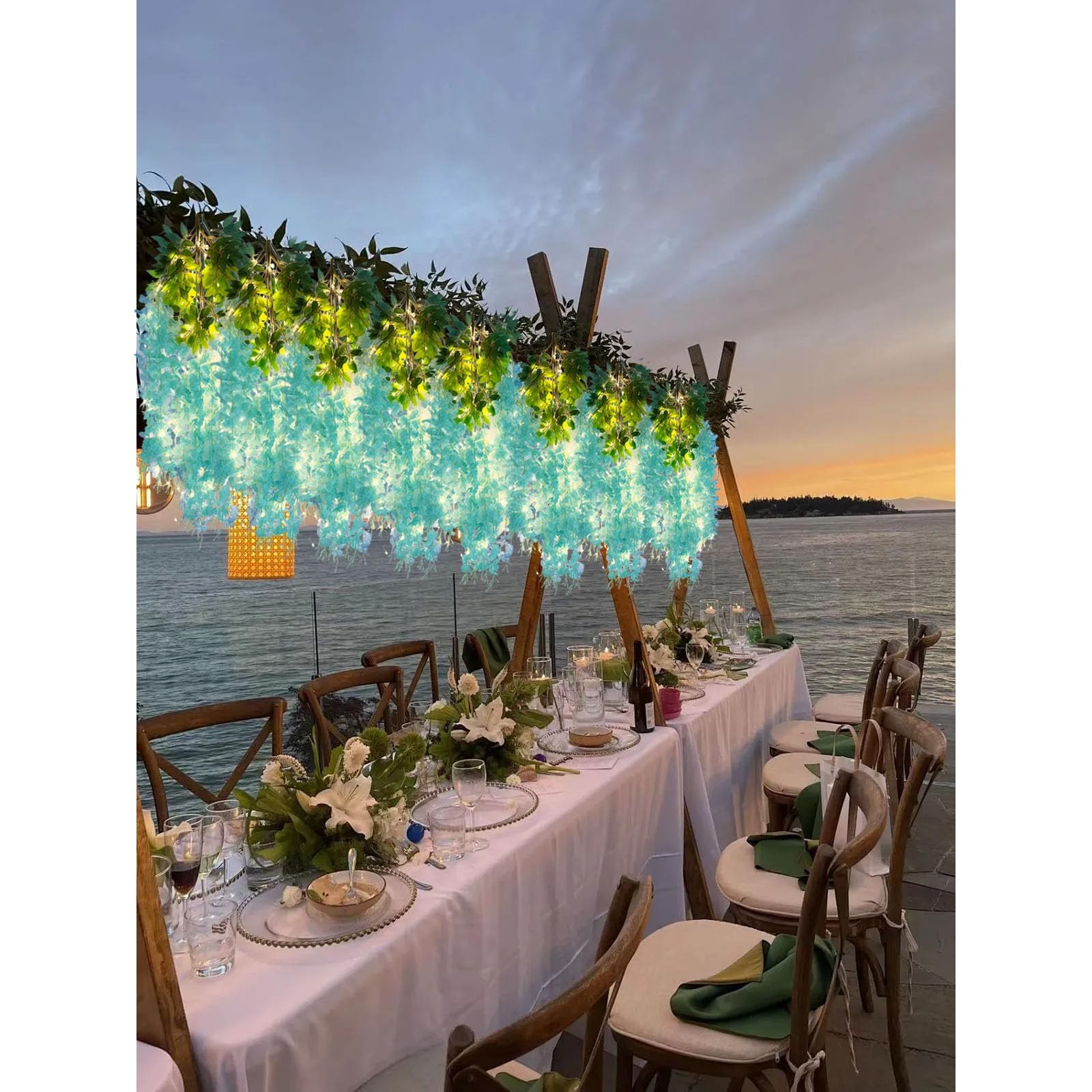12 Pack Teal Wisteria Hanging Flowers Garland with Lights, 3.77 Feet Artifici…