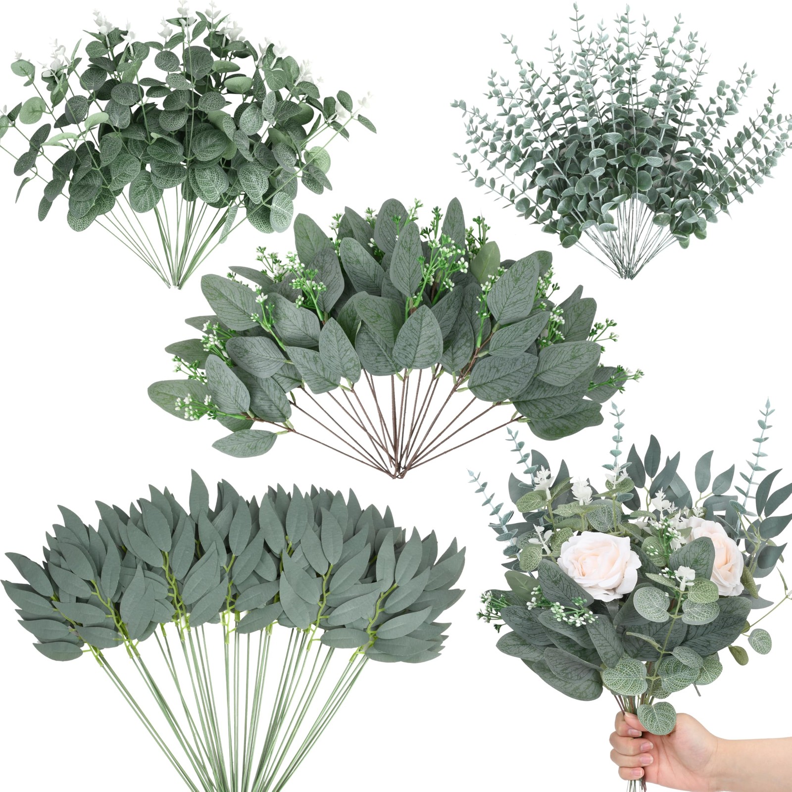 150 Pcs 4 Kinds Mixed Artificial Eucalyptus Leaves Stems Bulk Fake Silver Dol…