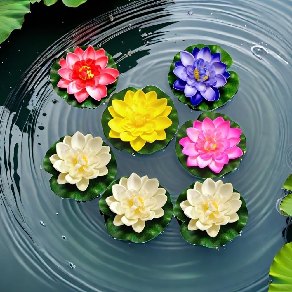 6 Pcs Artificial Floating Foam Lotus Flower with Water Lily Pad, Floating Art…