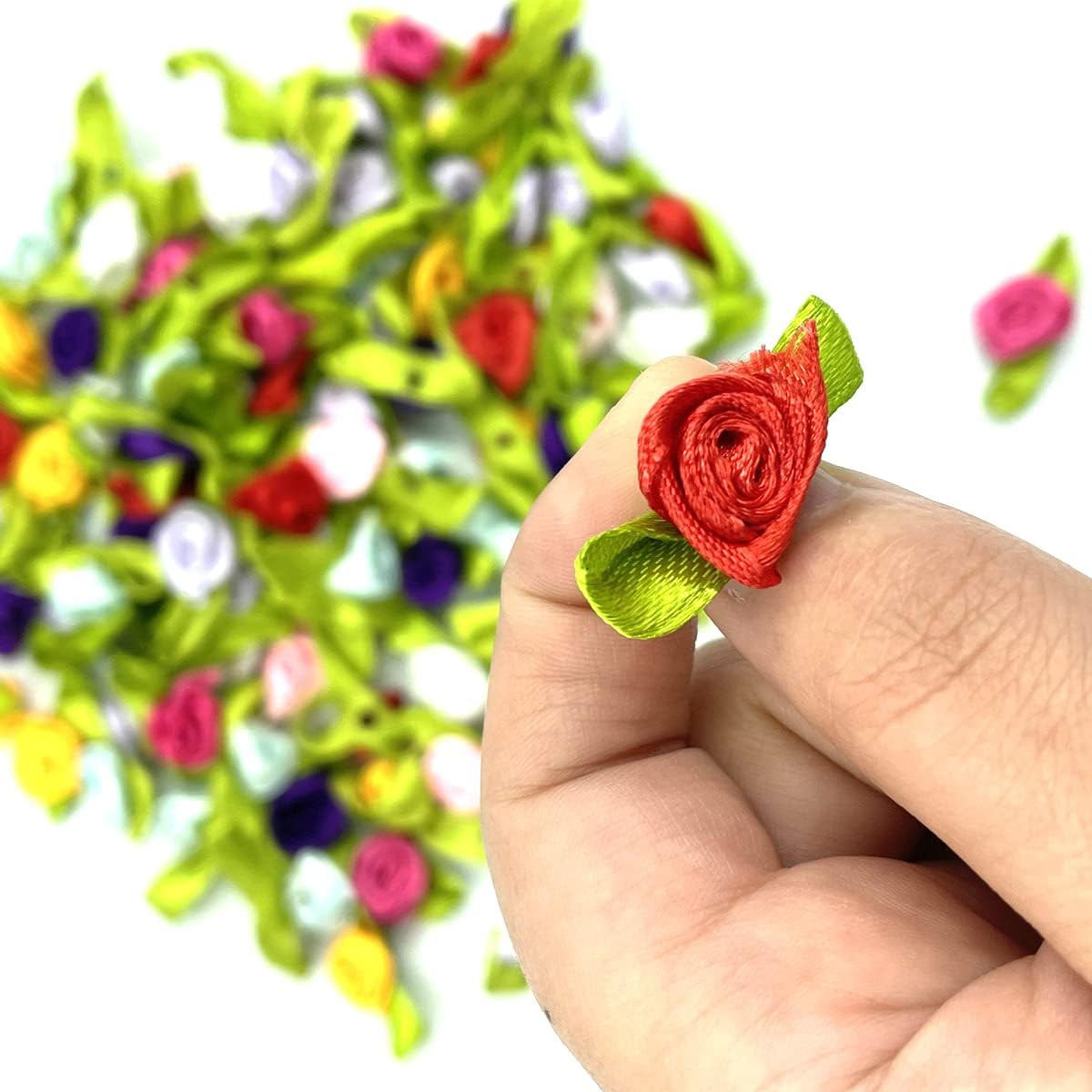 Mini Ribbon Roses, 100Pcs Artificial Fabric Flowers with Green Leaves Mixed Colo