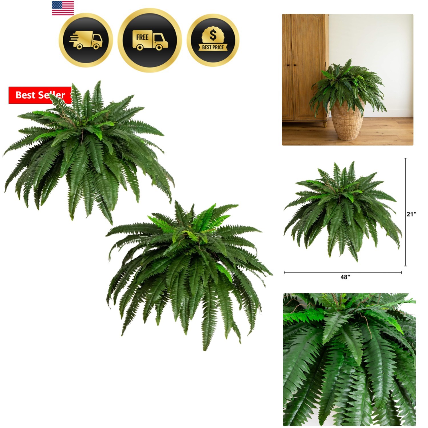 48in Boston Fern Artificial Plant, Large Hanging Fake Plant with 67 Long Real…