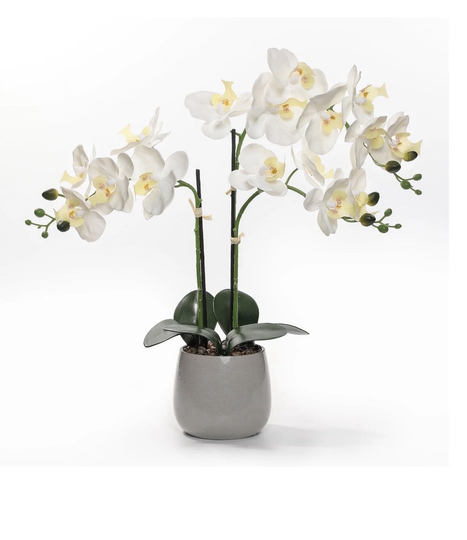 21” Tall Artificial White Orchid Plant In Gray Ceramic Pot Realistic Faux Flower