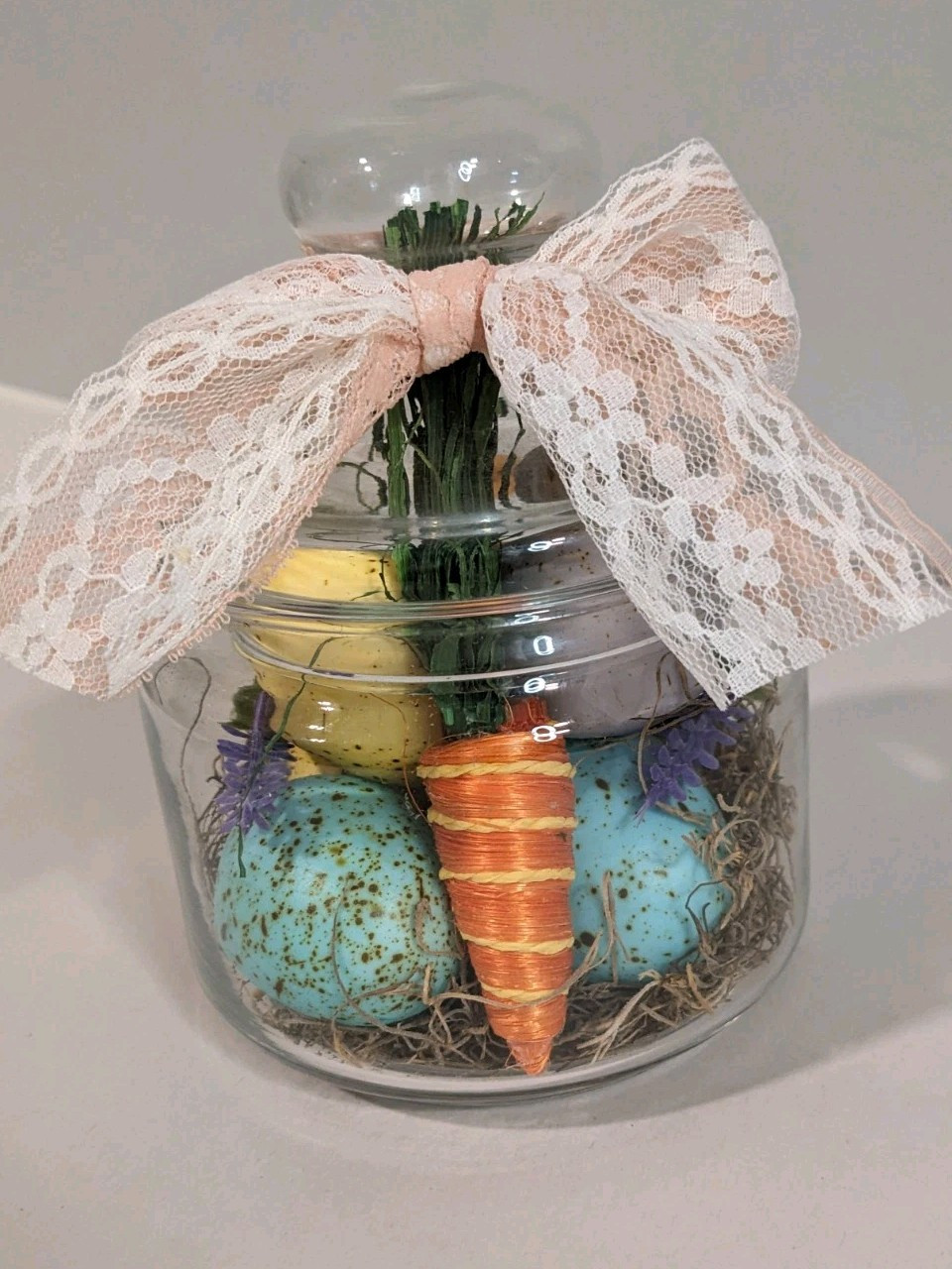Clear Glass Apothecary Jar~Repurposed~Easter Decor~Eggs Carrot Lavender