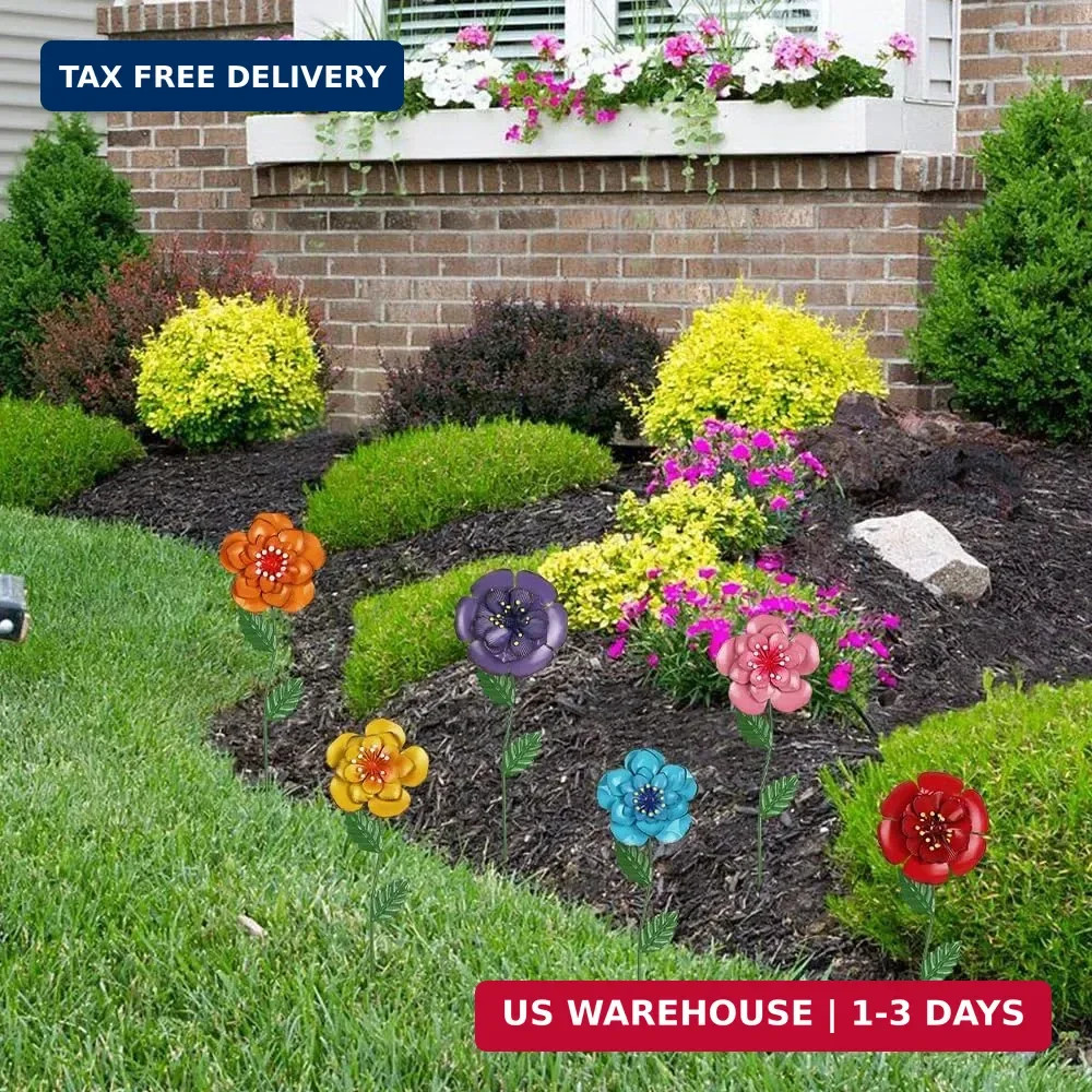 hogardeck 6 Metal Flower Garden Stakes Multi-Color for Spring Yard Art Outdoor