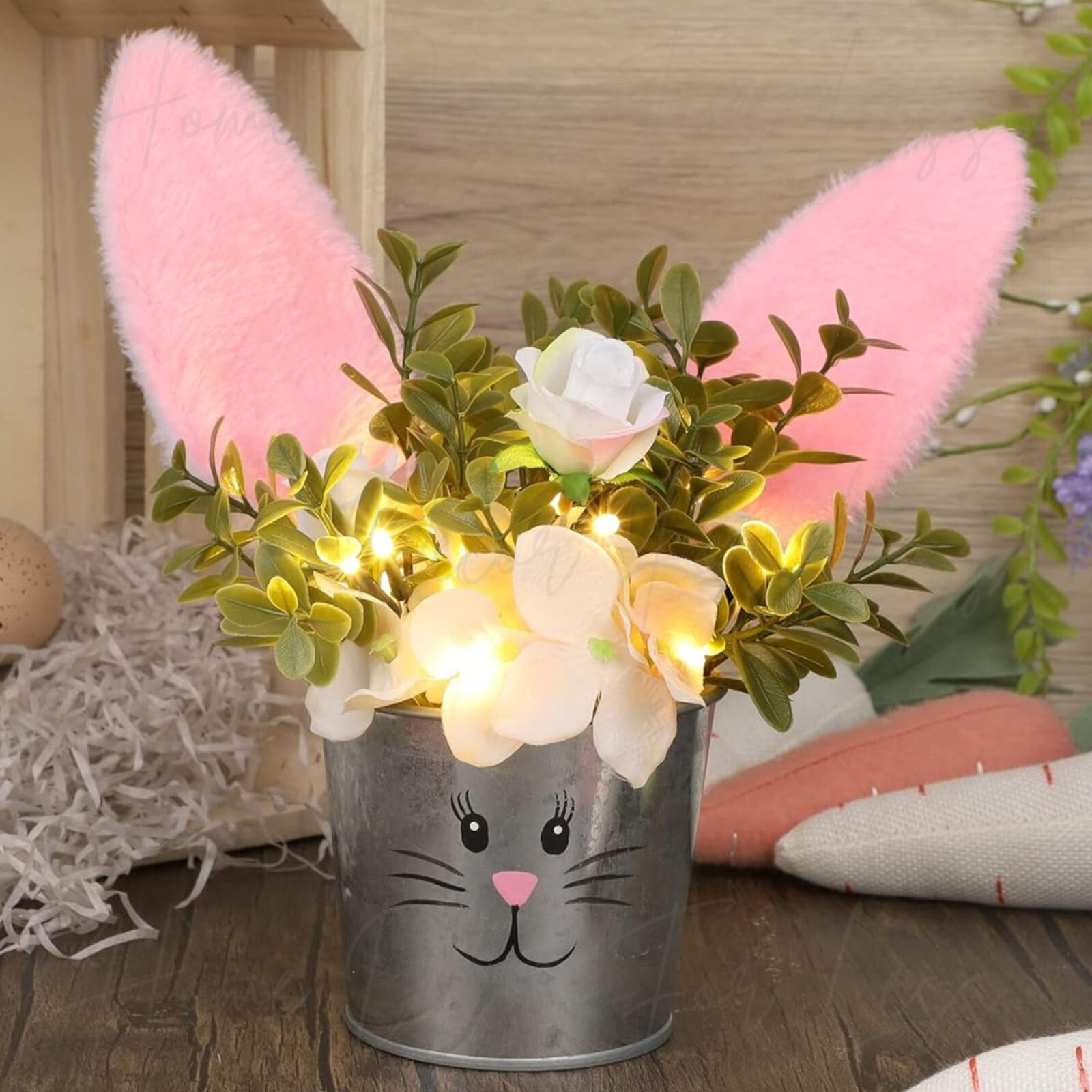 Lighted LED Easter Bunny Rabbit Ears Floral Centerpiece Table Spring Home Decor