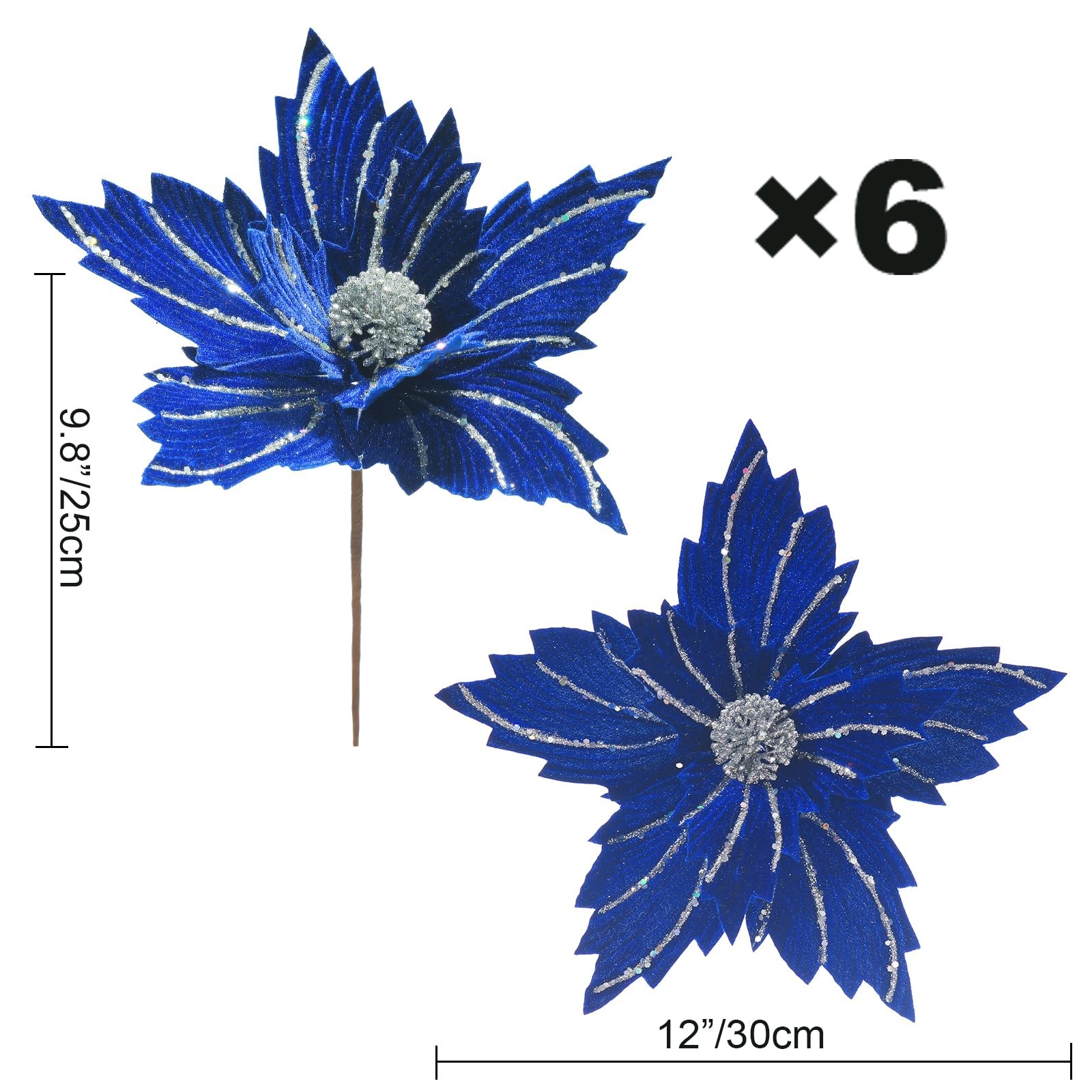 6 Pcs 12″ Large Glitter Poinsettia Artificial Christmas Flowers with Stems Xmas