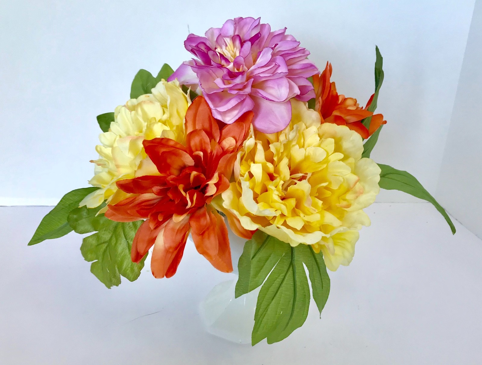 Decorative Planter with Silk Flowers in a Pinneapple Pattern Milk White Glass Pe