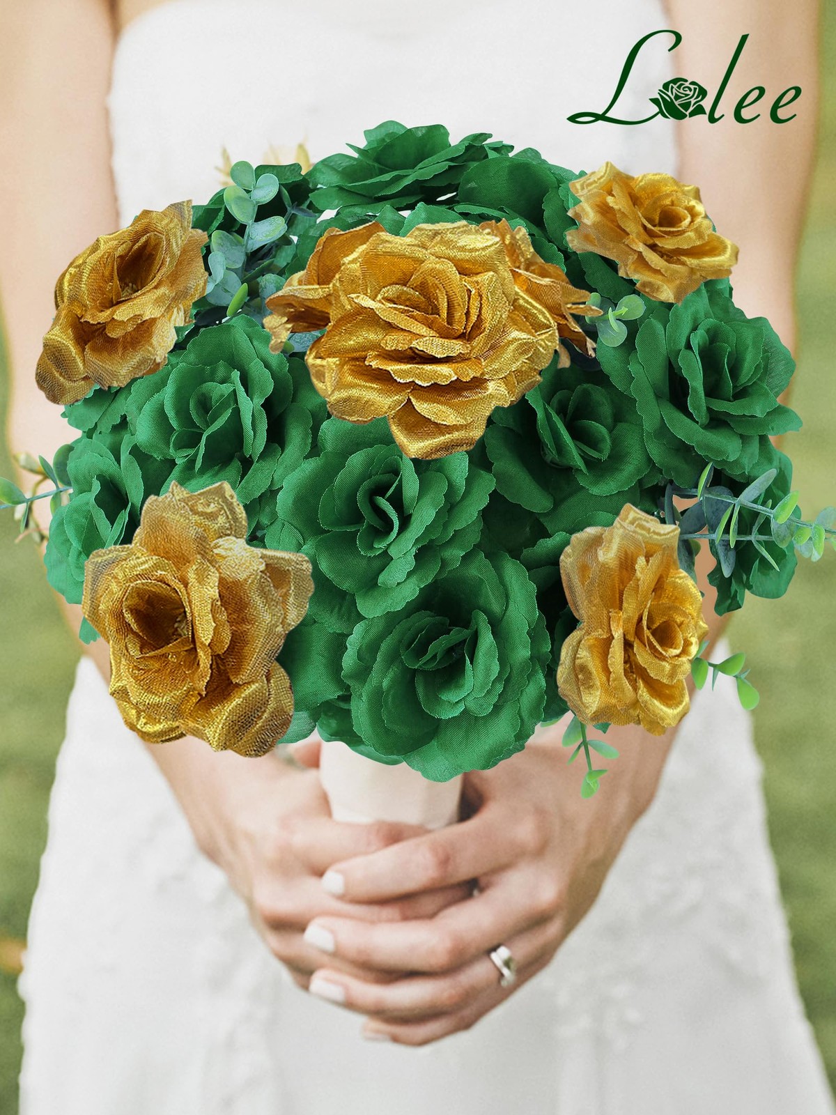 108pcs Roses Head Flowers with Stem – Emerald Green Gold Artificial Flowers R…