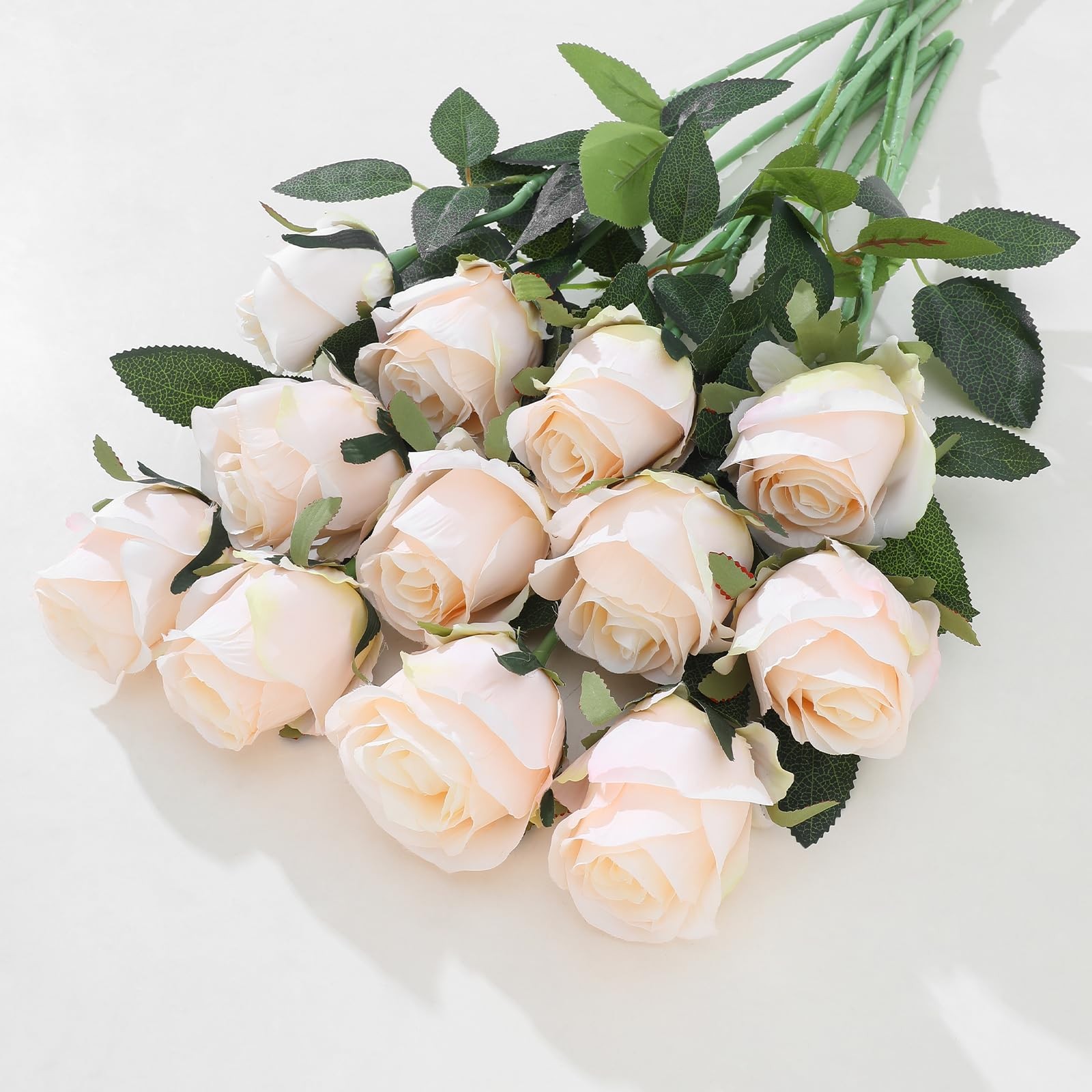 12Pcs Realistic Fake Cream Roses Faux Flowers with Long Stems, Artificial Sil…