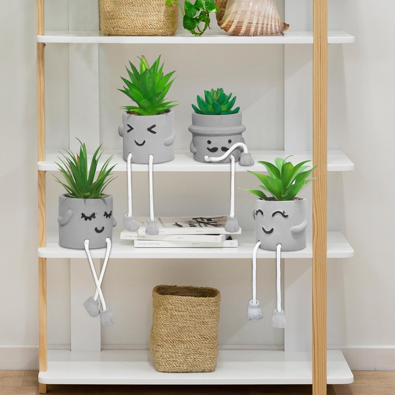 4 PCS Creative Artificial Succulent Plants Cement Pot Hanging Leg Decor Set