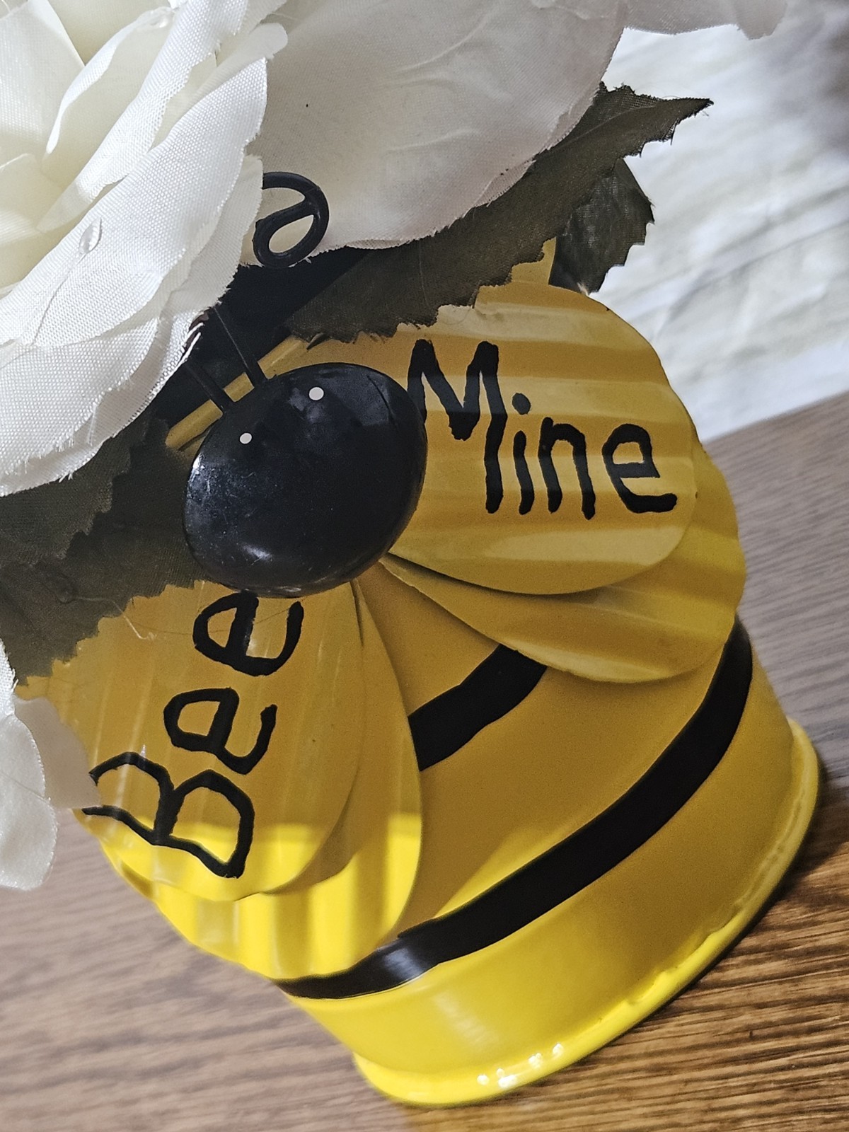 Homemade Bee Mine White Rose Flower Arrangement In A Yellow N Black Tin Bucket