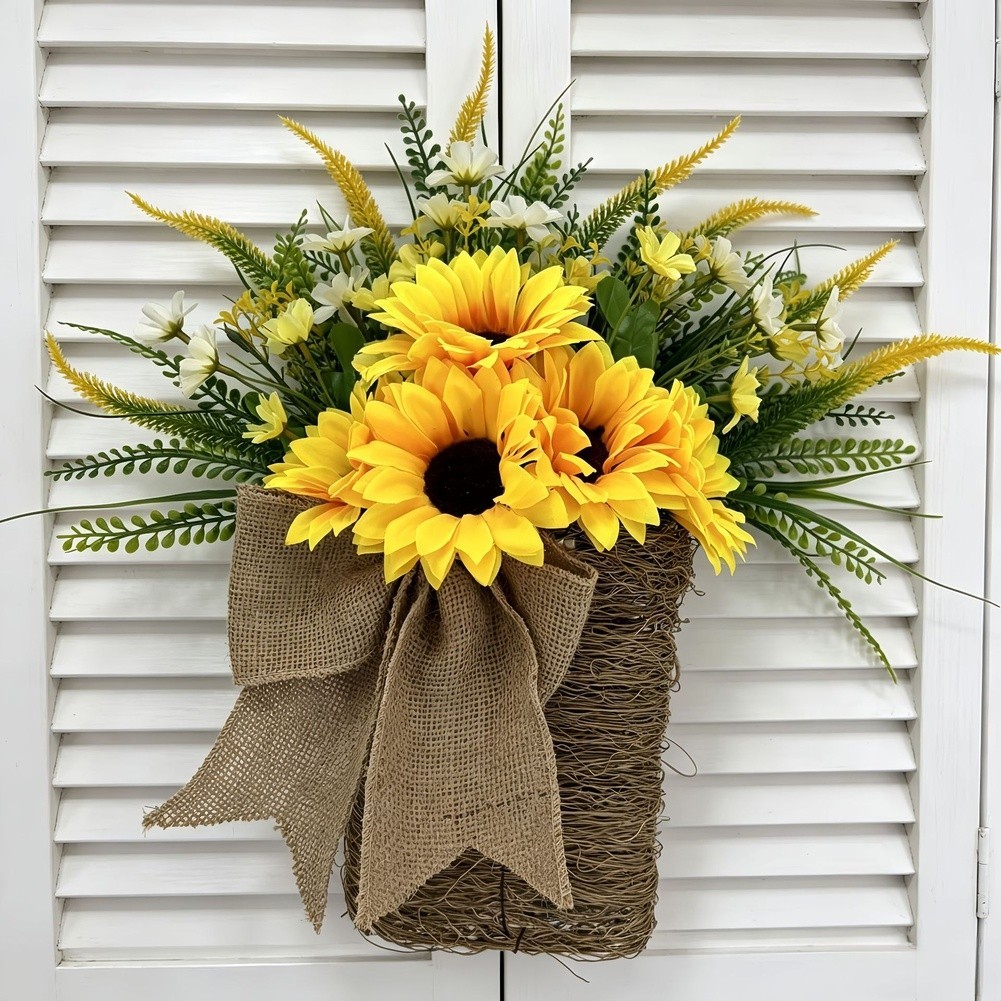 Plastic Sunflower Basket 35cm Handmade Autumn Wreath for Home Office Decor
