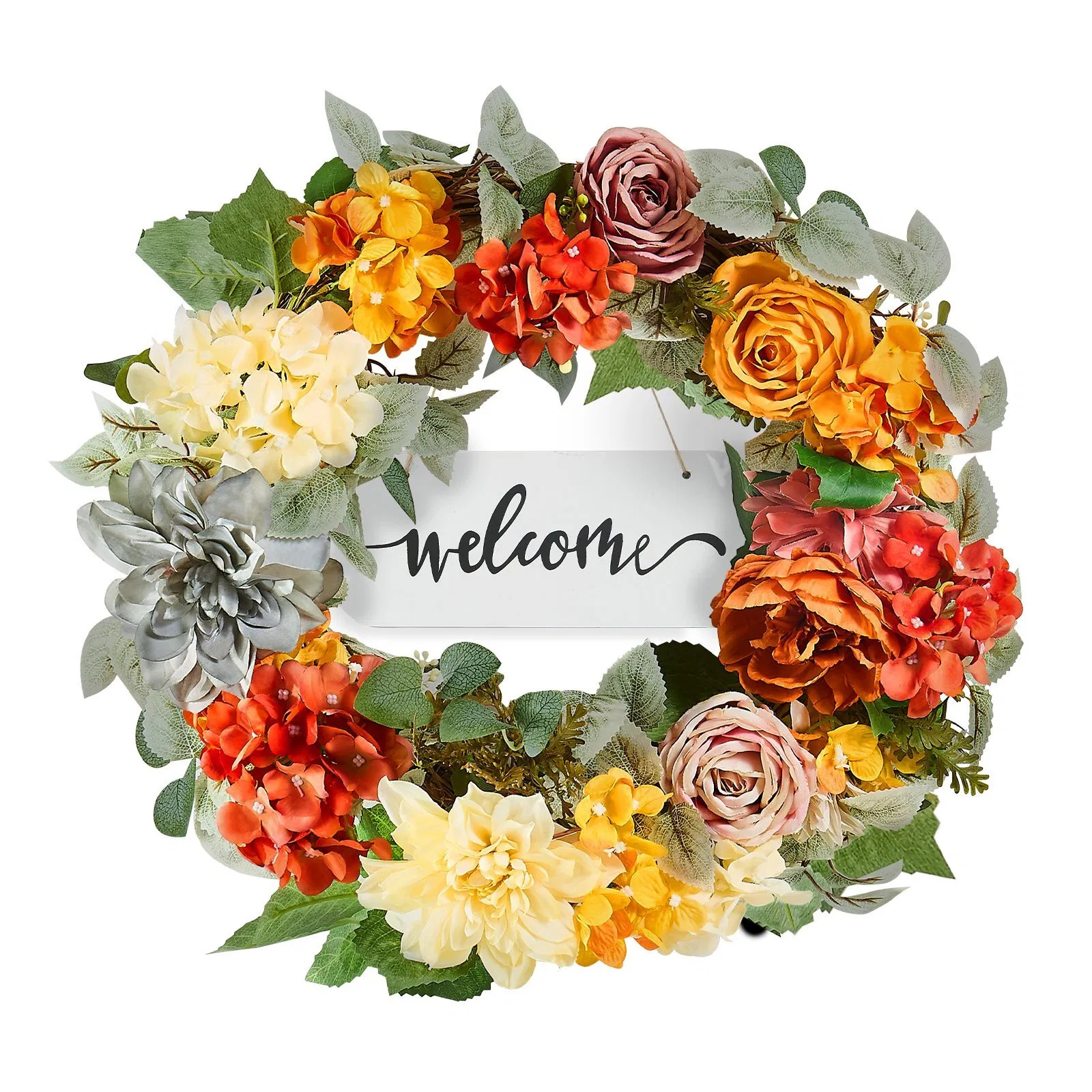 Artificial Decorative Wreath, 24 in, Red Orange Yellow, Decorated with Hydrangea