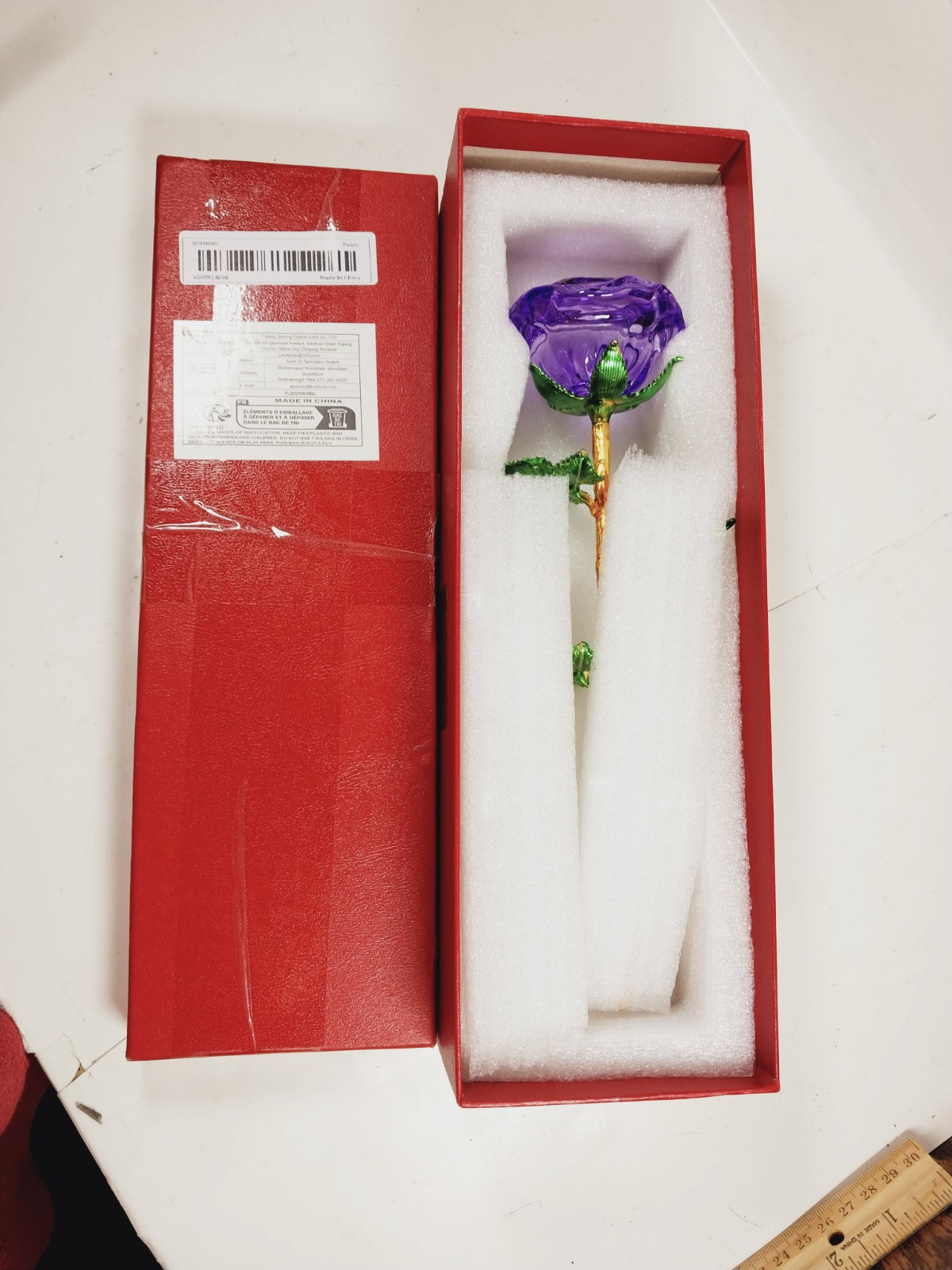 Long Stemmed Purple Rose Figurine Glass Crystal Mothers Easter Event Bling 9.5″