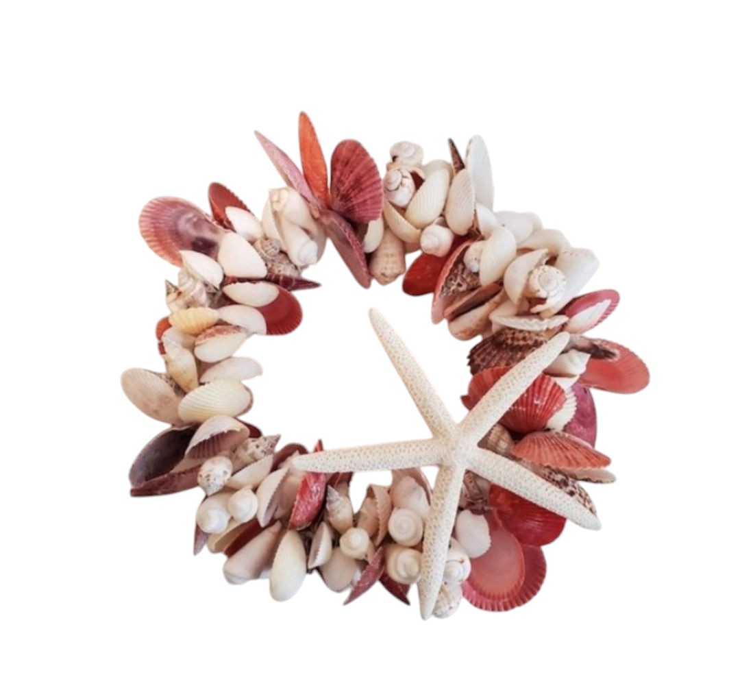 Seashell Door Wreath Beach Cottage Nautical Ocean Coastal Heavy 12″ w Starfish