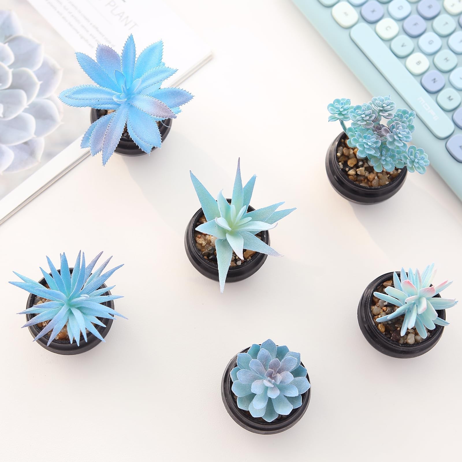 6 Blue Artificial Succulents in Mini Black Pots, Faux Indoor Desk & Home Decor