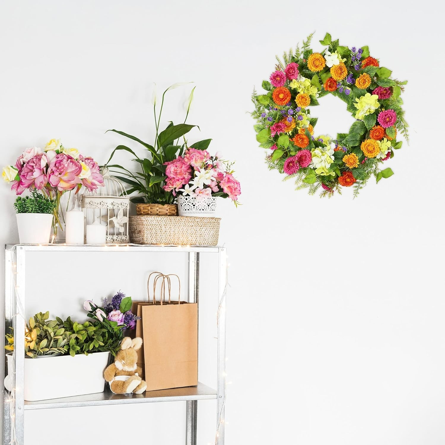 18-Inch Spring Summer Wreath with Colorful Daisies & Green Leaves for Your Door