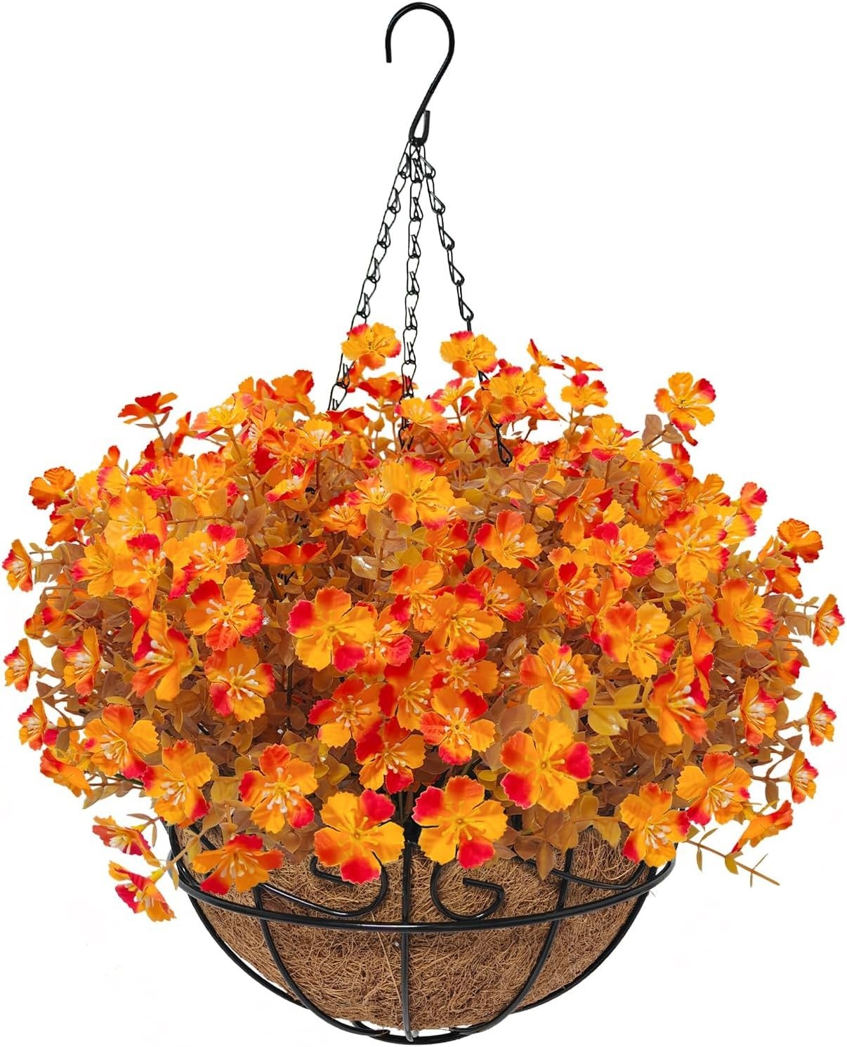 Artificial Fall Flowers with Hanging Basket, Fake Mums Daisy Plants with Eucalyp
