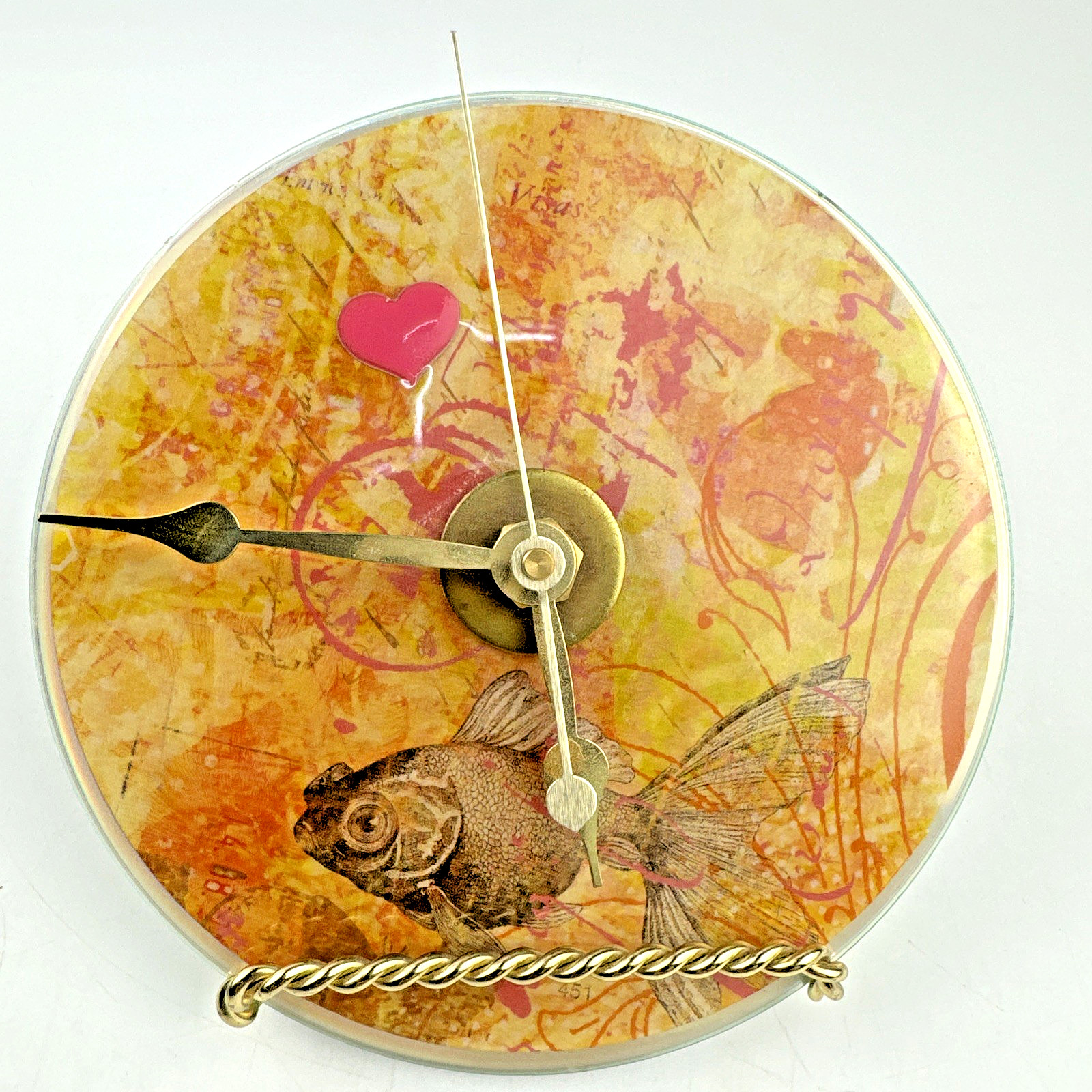 Art Glass CD Clock Goldfish Design Quartz Desk Clock w/ Metal Stand-Tested