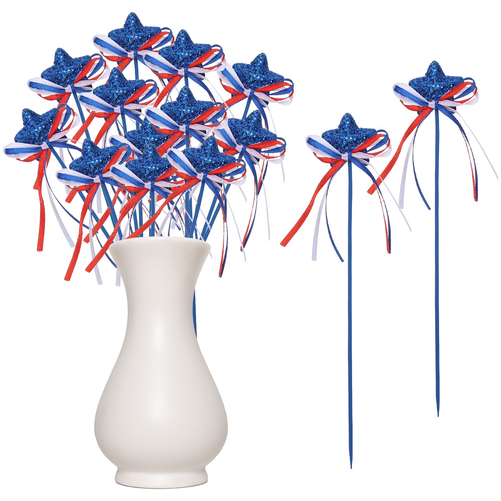 12 Pcs 4th of July Glitter Star Picks 8″ Sparkly Sticks with Bowknot (Navy Blue)