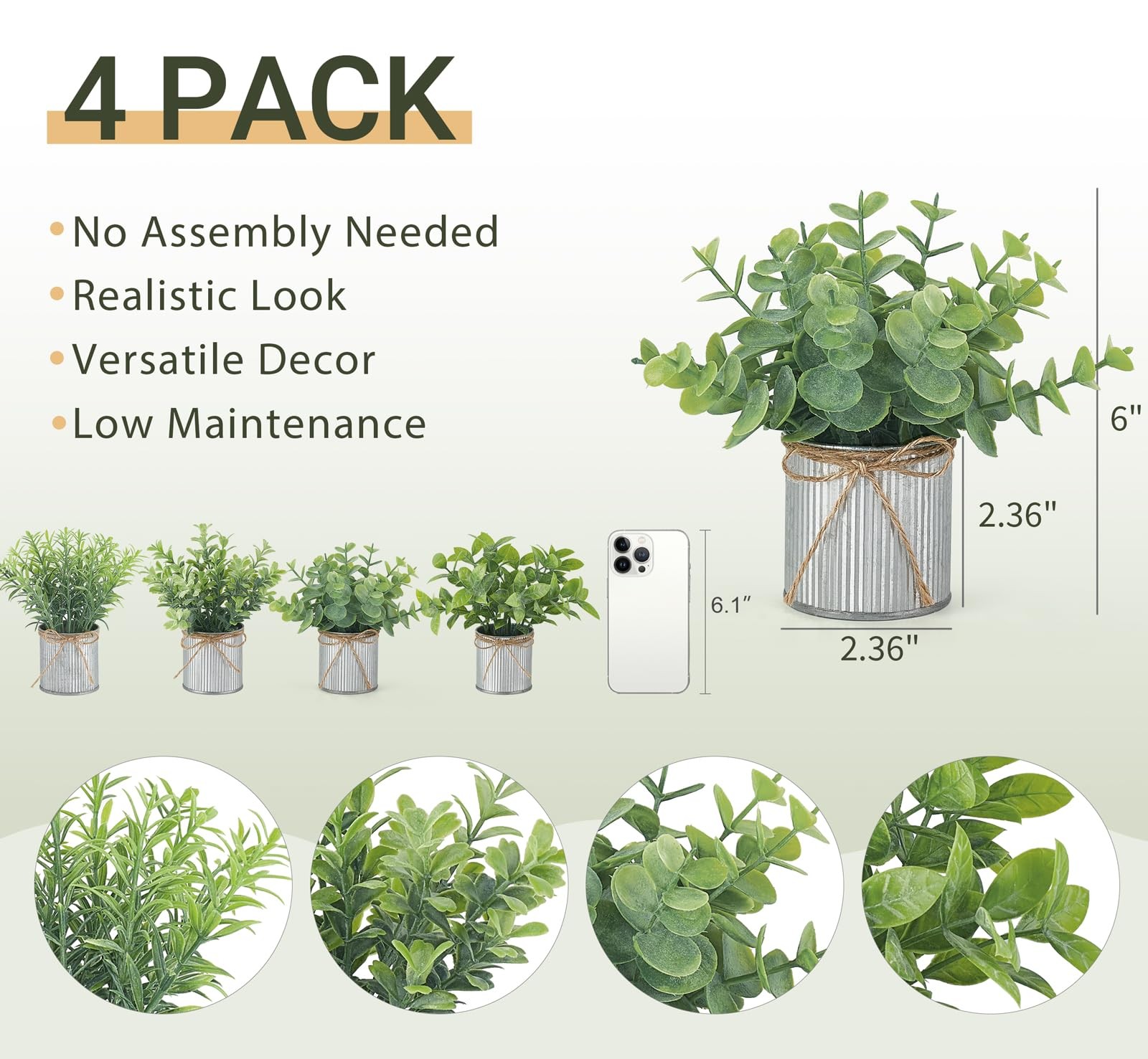 4 Packs Small Fake Plants in Farmhouse Galvanized Pots Table Centerpiece Mini…