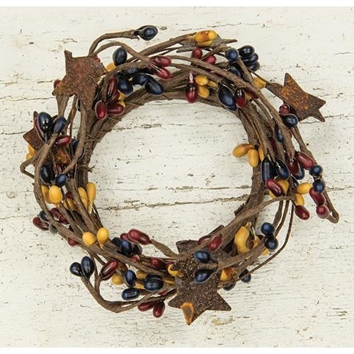 NEW PRIMITIVE FARMHOUS 2″ Pip Berry Candle Ring BURGUNDY NAVY TAN 2 PC W/STARS