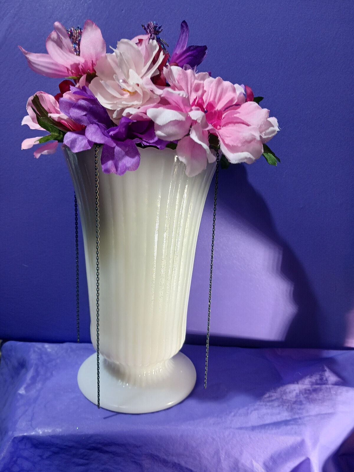 Artificial Flower Arrangement Vintage White Milk Glass Vase W/blue Chain