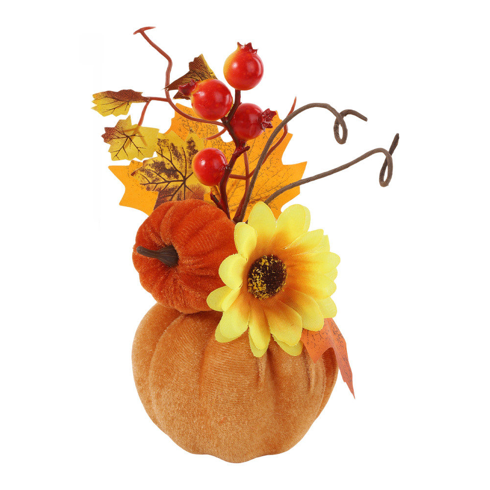 For Seasonal Decor Flocked Pumpkin with Silk Sunflowers Plastic Berries