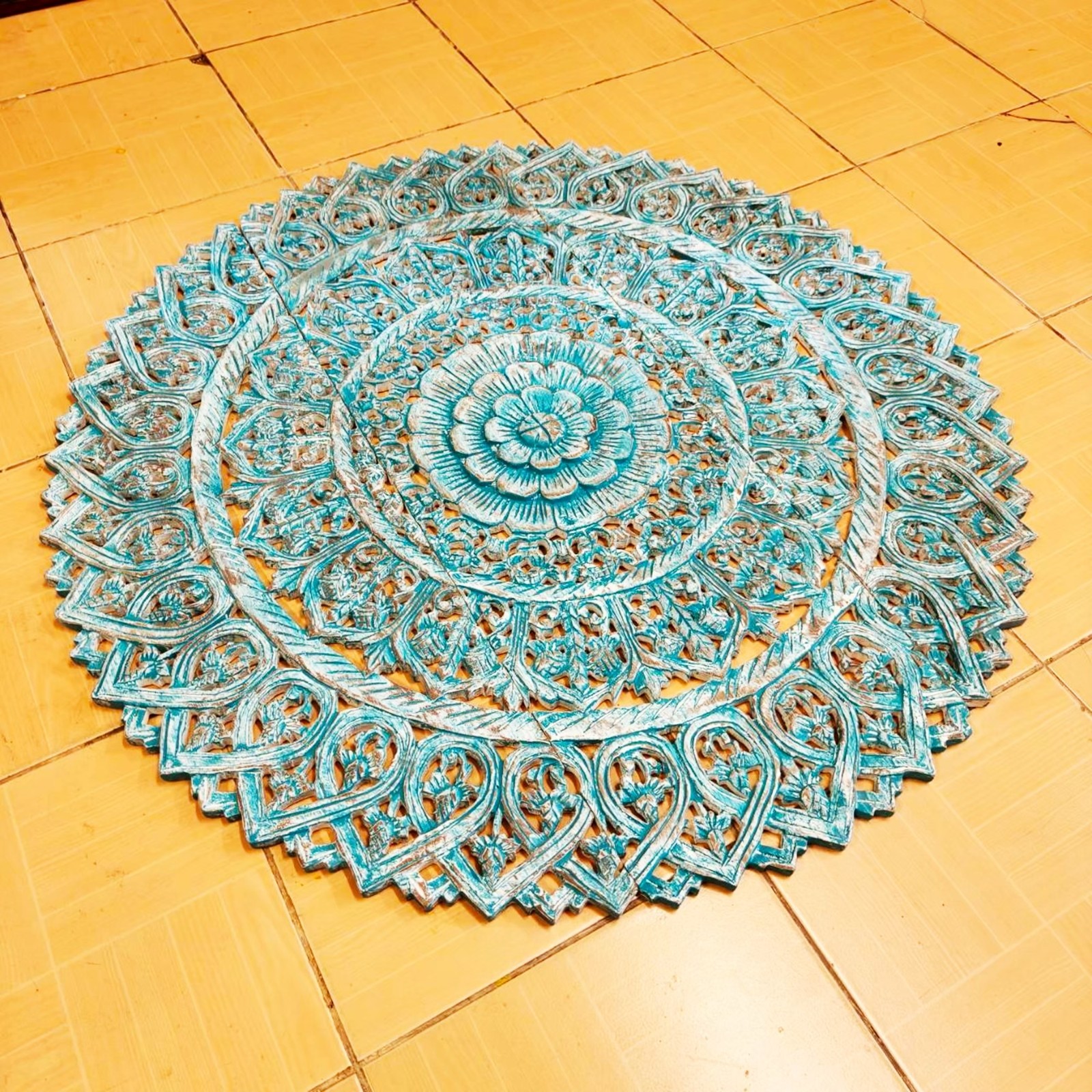 36″ Turquoise Wood Mandala Wall Art Teal White Wash Carved 3-Piece Bohemian #G